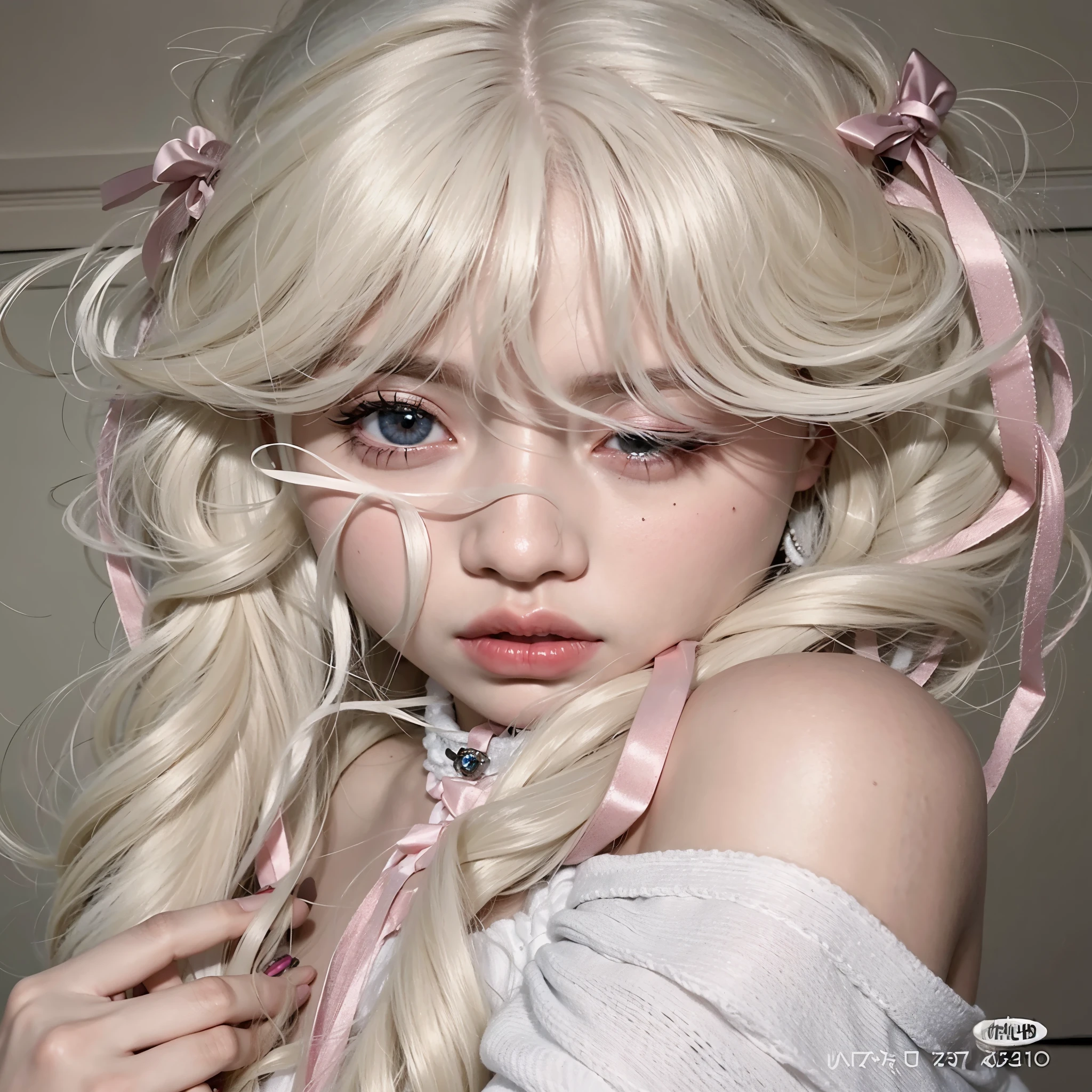 chica de cabello rubio con ojos rosados y una cinta rosa alrededor de su cabeza, retrato realista kawaii, kawaii espeluznante, bella delfina, dulce conejita ultrarrealista, pelo rubio con coletas, extremely pale blonde hair, young pale ghost, ulzzang, pelo largo y rubio y ojos grandes, jointed doll, pale milky white porcelain skin, mirada aterradora, pale porcelain white skin, rosé blackpink 