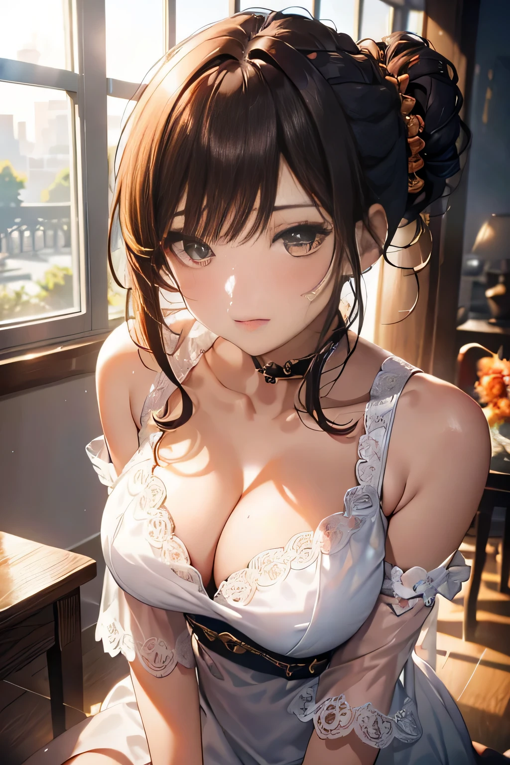 romantic lace off shoulder dress,(Short hair with shiny silver and orange inner color,Ponytail twisted buns decorated with elaborate braids and beads,Braided setup fishbone hair,),(The bangs are see-through bangs),(((emphasize the chest:1.3))),(dynamic angle),(Dynamic and sexy poses),(leaning forward:1.3),(((a majestic statue))),Disturbance of clothing due to movement,Breast flick,Beautiful woman,.perfect face,big and full breasts,,intricate details,very delicate and beautiful hair,realistic,dream-like,realistic shadow,focus only,beautiful hands,beautiful fingers,Detailed functions of fingers,Detailed features of the garment,Detailed characteristics of hair,detailed facial features,、(professional lighting),(Photoreal:1.3),(RAW photo.),(table top,highest quality,Ultra high resolution output image,) ,(8K quality,),(Image mode Ultra HD,)