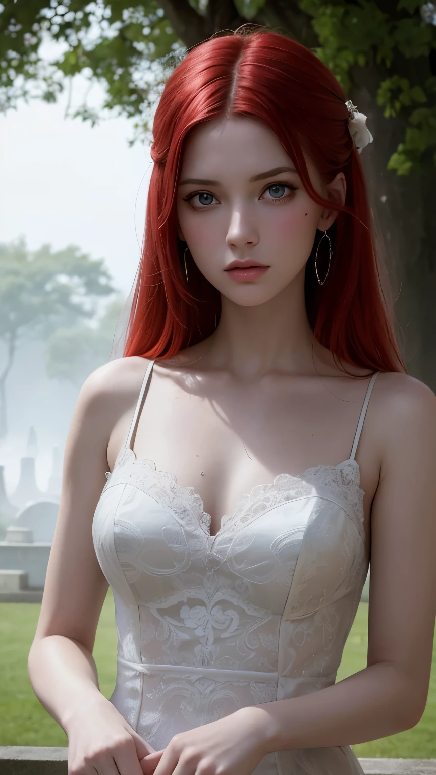 (masterpiece, top quality, best quality, official art, beautiful and aesthetic:1.2), (1girl:1.3), extremely detailed, 1girl, mature, red hair, red eyes, large breasts:1, Short white dress as thin as transparent, simple background