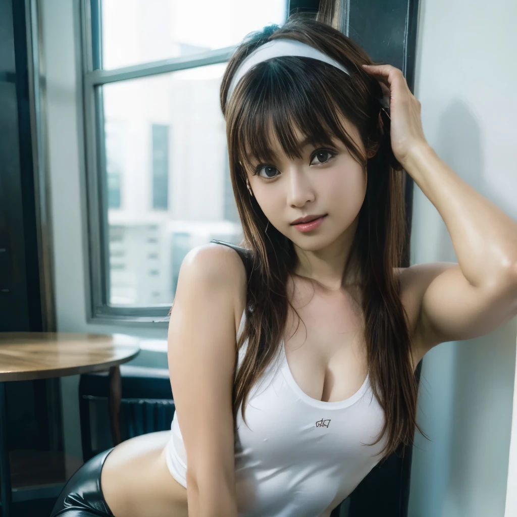 masterpiece、muste piece、detailed、highest quality、woman、25 year old full body shot、black straight hair、white headband、bangs are slightly droopy、wear a sleeveless white jacket、Wear tight black leather pants、dynamic pose、