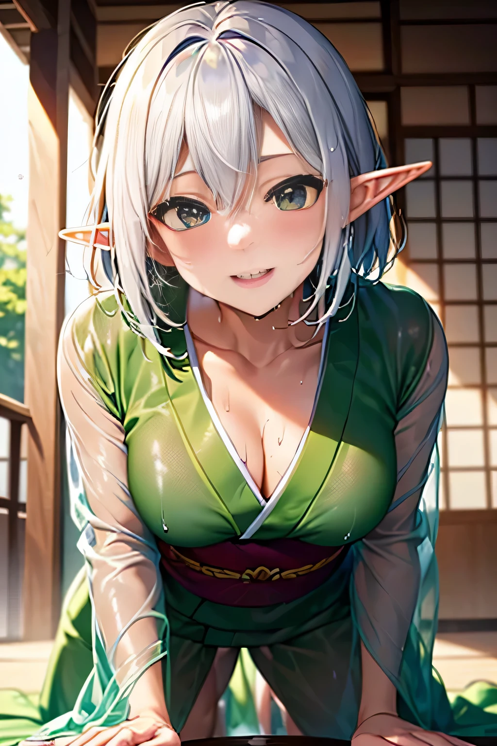 (((Crawling on all fours on the lawn:1.3))),(((forest trees々々sunlight shining through))),(((elf woman with small ears:1.7))),(((Little elven ears:1,7))),（50 years old）,(Fair skin:1.7),(An oversized wet green costume that is about 3 sizes larger than a woman&#39;s.&#39;s.&#39;s.&#39;s.&#39;s.&#39;s.&#39;s.:1.7)、(neck is open、You can see through the wet green kimono..:1.7)、(Her small breasts, 3 sizes larger than Wet Green Lady&#39;s, What can be seen through the hanging gap at the chest of the large green costume.:1.3)、(sexy wet green costume:1.3)、(An oversized wet green costume that is about 3 sizes larger than a woman&#39;s.&#39;s.&#39;s.&#39;s.&#39;s.&#39;s.&#39;s.and the space between the small breasts:1.3)、(Small breasts with a glimpse of cleavage:1.3)、(very small breasts:1.7)、(very small breasts見せ: 1.3)(smile full of happiness:1.3),(((Emphasize small breasts:1.3))),(dynamic angle),(((Dynamic and sexy forward leaning posture:1.7))),(( (wet and shiny skin)))、extremely small breasts、Clothes flutter in strong winds、chest slip、one girl、hairpin、necklace、earrings、look up from below、Pointed red mouth、cheeks turn red、he sees who is logged in,(shiny silver hair,short hair),Disarrayed hair blows in the strong wind,look at the camera,(professional lighting),(8K,debris flies、highest quality、Ultra high resolution output image、)、Depth of written boundary、beautiful hands、beautiful fingers、Detailed functions of fingers、Detailed characteristics of hair、detailed facial features、Detailed features of clothing、wet hair、wet body、wet costume、
information
