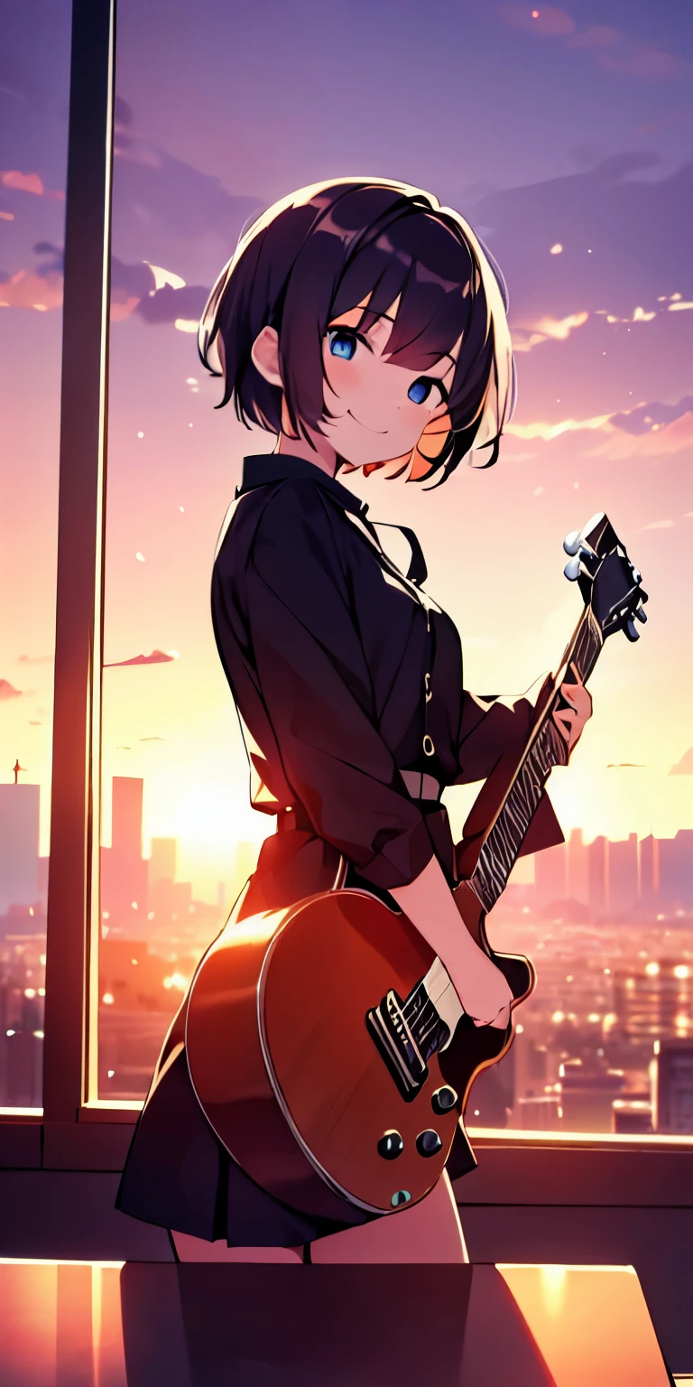 table top, highest quality,figure, wallpaper, ultra detail, absurd, 16 year old girl, alone, (medium short hair、play the guitar、Smile、Overlooking the city from the top of the hill、the sunset is beautiful