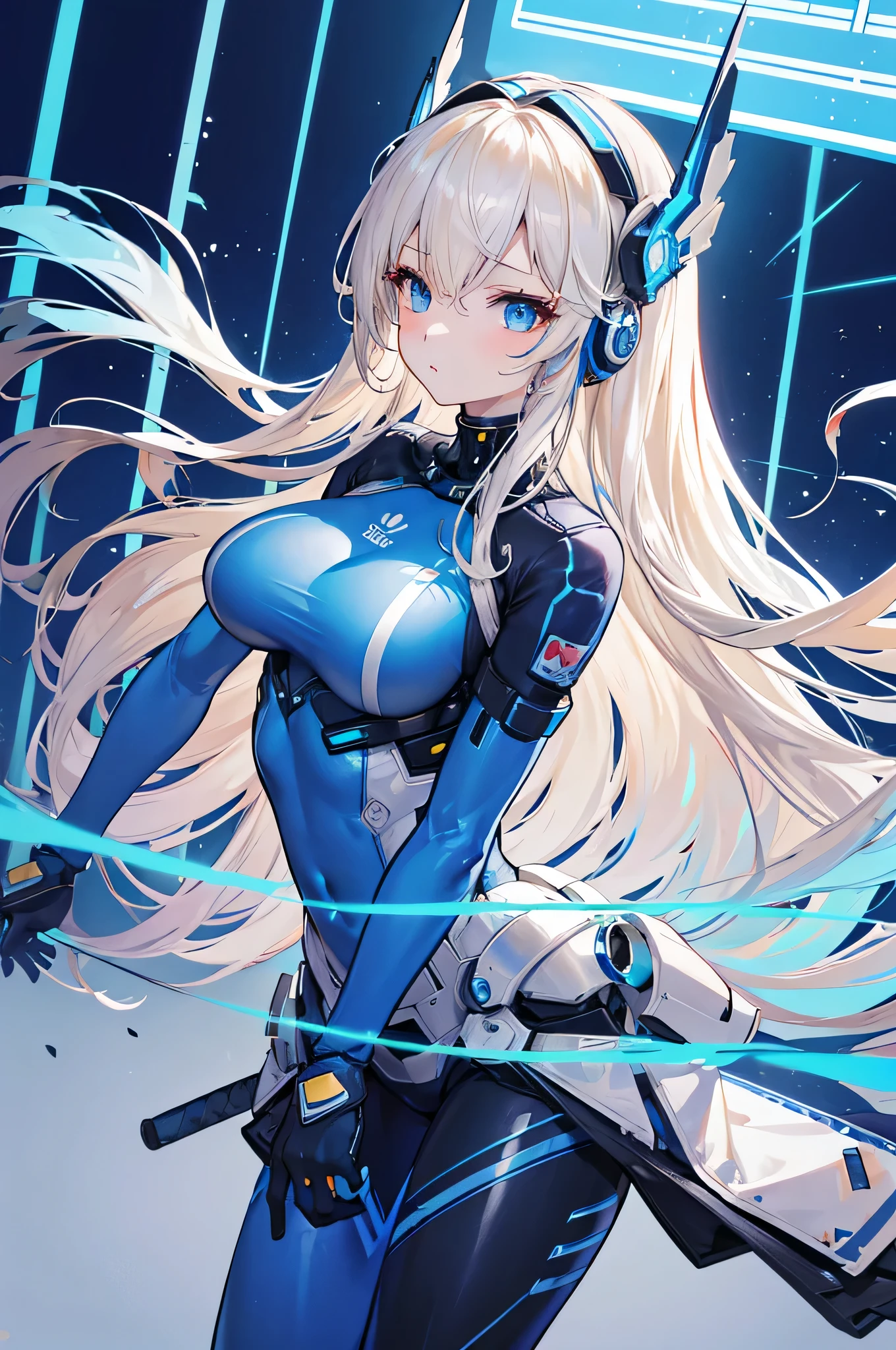 4K,High resolution,one woman,cream hair,long hair,blue eyes,big breasts,Valkyrie,blue tight cyber suit,hat with feathers,cyber headgear,Japanese sword,city of the future