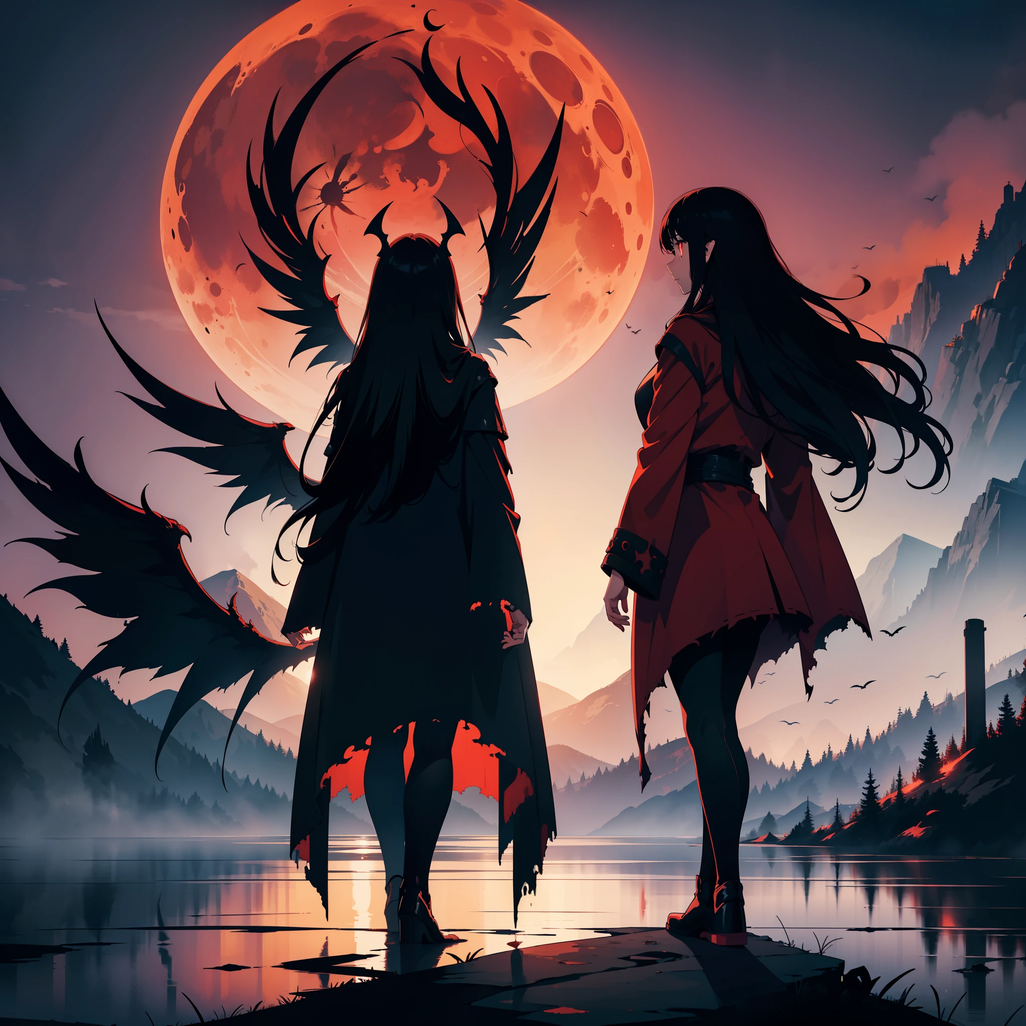 illustration, dark theme, (red moon:1. 2), (night, fog, dystopia, lake, burning hell, despair), long hair, huge wings, robe, legwear, boot, (from away:1. 05), far, wide shot, 16k, UHD, HDR, (Masterpiece:1. 5), (best quality:1. 5),