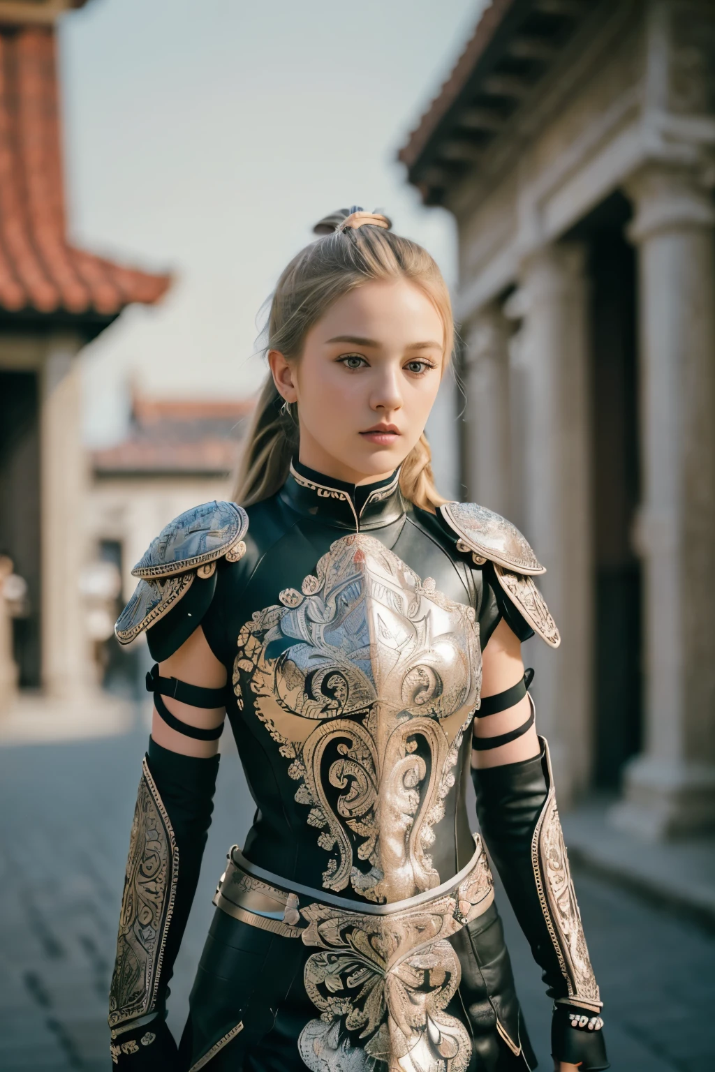 (8K, best quality:1.2), (masterpiece:1.37), (photo, photorealistic:1.37), (ultrahigh-res), full body, walking pose, shot from front, slow motion, female paladin wearing the full body, (leather armour:1.2),(leather armor), (insanely detailed, bloom:1.5), (highest quality, Alessandro Casagrande, Greg Rutkowski, Sally Mann, concept art, 4k), (analog:1.2), (high sharpness), (detailed pupils:1.1), detailed face and eyes, Masterpiece, best quality, (highly detailed photo:1.1), (long blonde Hair, ponytail,ecstatic:1.1), (young woman:1.1), sharp, (perfect body:1.1), realistic, real shadow, 3d, (temple background:1.2), (by Michelangelo), photographed by Canan EOS R6, 135mm, 1/1250s, f/2.8, ISO 400