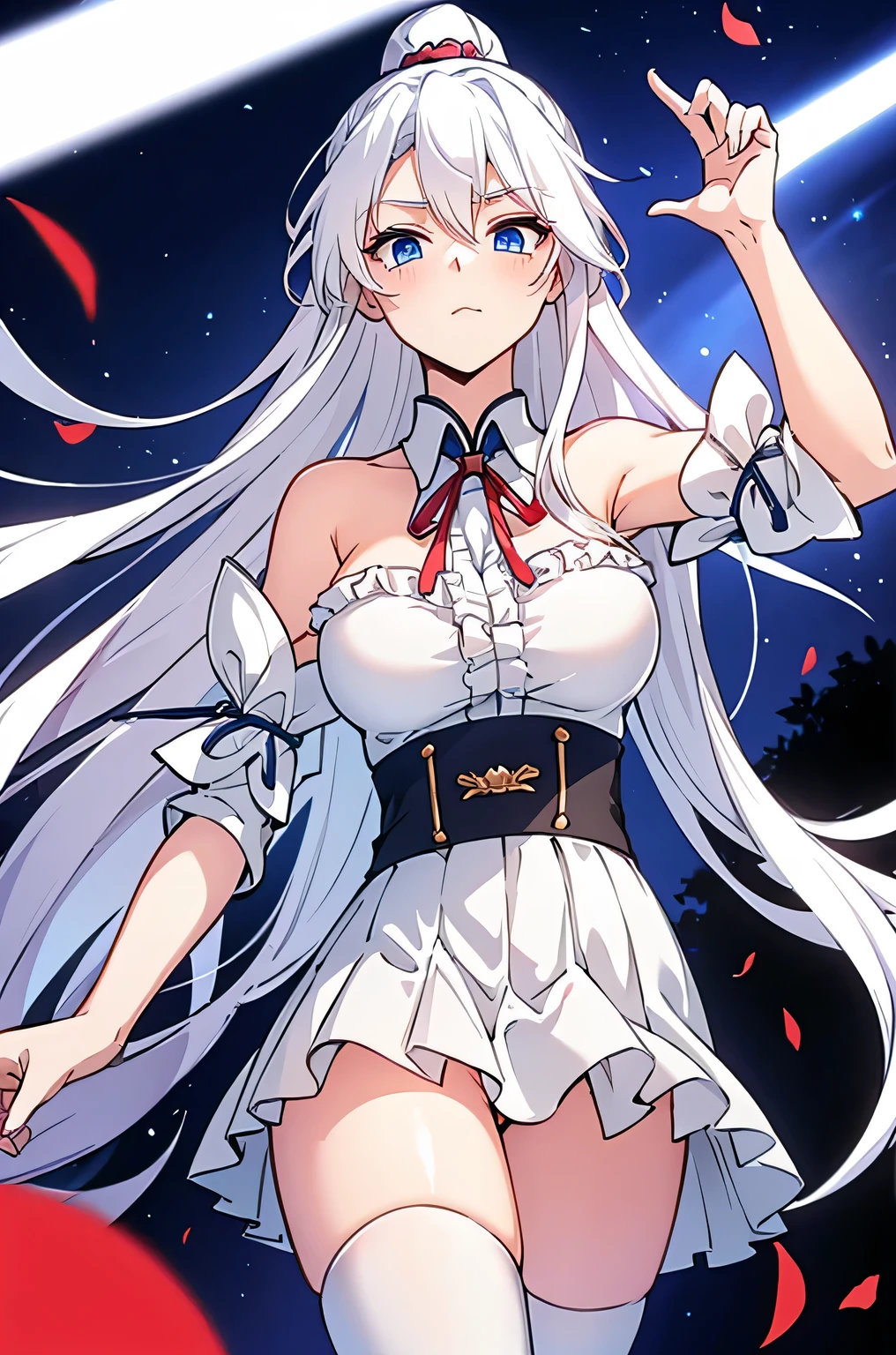 (Masterpiece), (Top Quality Anime Illustration), (Super Definition), (Super Detail), One Girl, Solo, Beautiful Girl with Silver Hair, Anime , Cat Ear Lolid and White Priestess Costume, Red and White Hakama, Lori Priestess, Smile, Small Breasts, Cleavage Emphasis, Underboob, Thighs