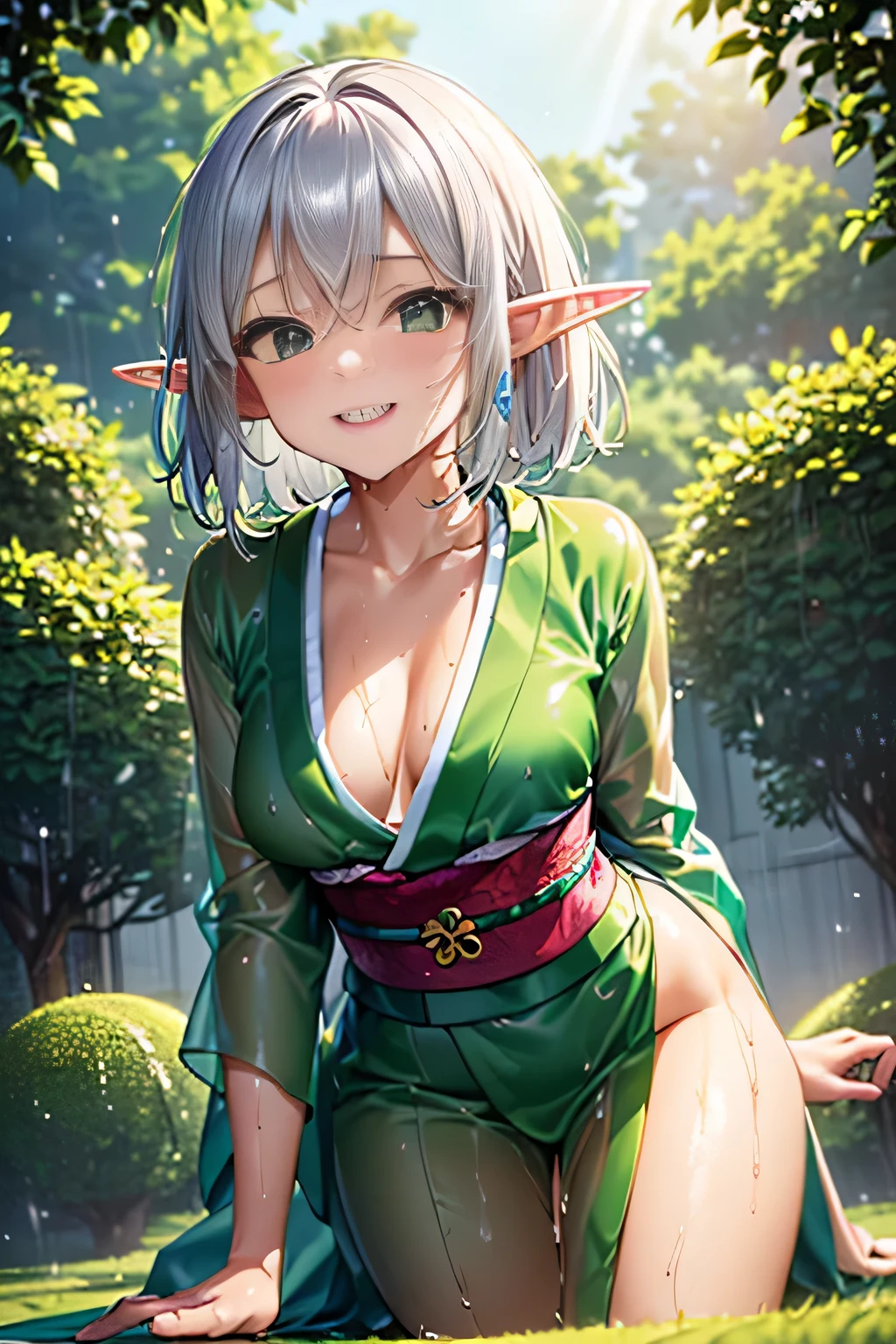 (((Crawling on all fours on the lawn:1.3))),(((forest trees々々sunlight shining through))),(((elf woman with small ears:1.7))),(((Little elven ears:1,7))),（50 years old）,(Fair skin:1.7),(An oversized wet green costume that is about 3 sizes larger than a woman&#39;s.&#39;s.:1.7)、Beauty Warrior,(neck is open、(You can see through the wet green kimono:1.7)、(Her small breasts, She wears armor 3 sizes larger than Wet Green Lady.., What can be seen through the hanging gap at the chest of the large green costume.:1.3)、(sexy wet green costume:1.3)、(An oversized wet green costume that is about 3 sizes larger than a woman&#39;s.&#39;s..and the space between the small breasts:1.3)、(Small breasts with a glimpse of cleavage:1.3)、(very small breasts:1.7)、(very small breasts見せ: 1.3)(smile full of happiness:1.3),(((Emphasize small breasts:1.3))),(dynamic angle),(((Dynamic and sexy forward leaning posture:1.7))),(( (wet and shiny skin)))、extremely small breasts、Clothes flutter in strong winds、chest slip、one girl、hairpin、necklace、earrings、look up from below、Pointed red mouth、cheeks turn red、he sees who is logged in,(shiny silver hair,short hair),Disarrayed hair blows in the strong wind,look at the camera,(professional lighting),(8K,debris flies、highest quality、Ultra high resolution output image、)、Depth of written boundary、beautiful hands、beautiful fingers、Detailed functions of fingers、Detailed characteristics of hair、detailed facial features、Detailed features of clothing、wet hair、wet body、wet costume、
information
