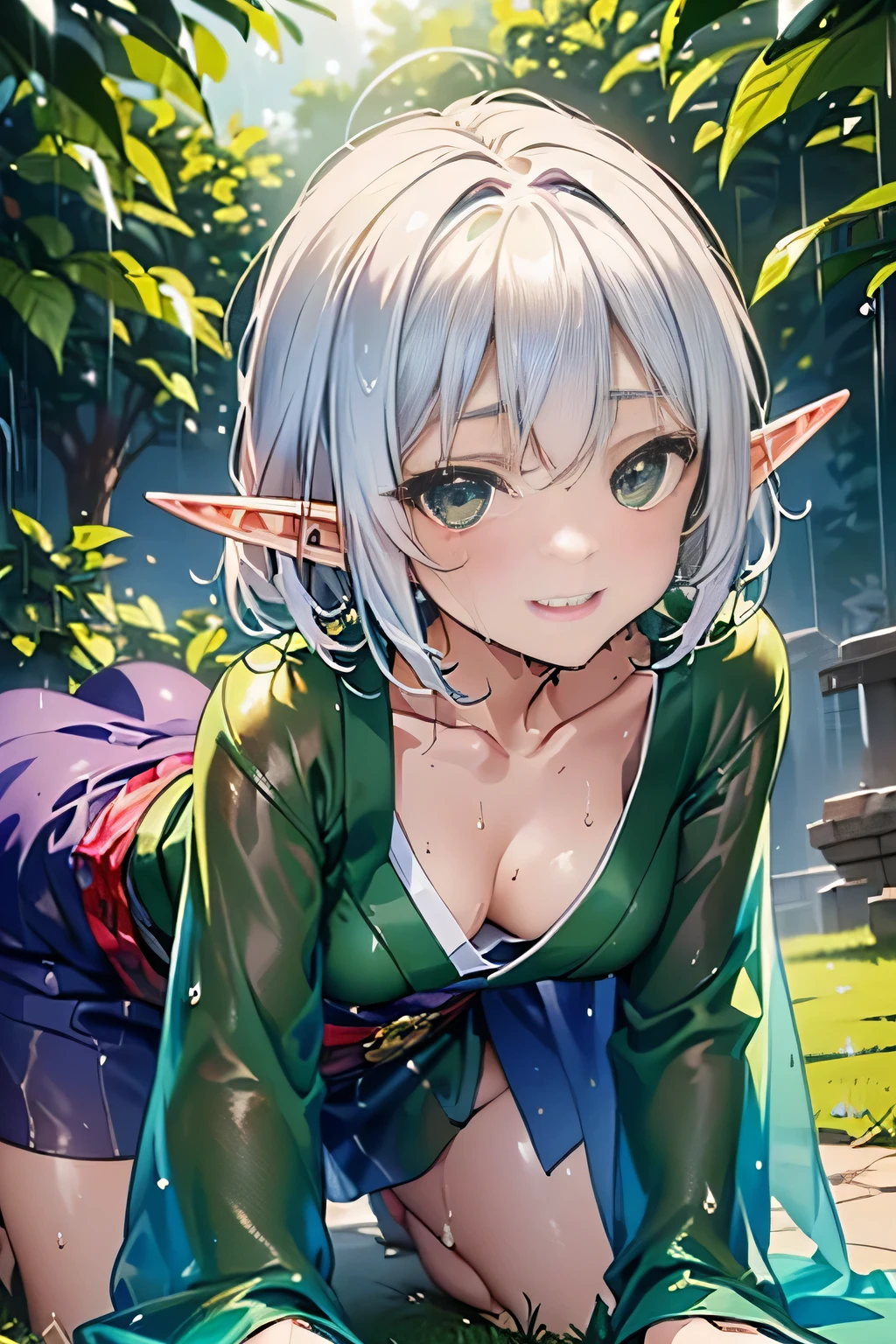 (((Crawling on all fours on the lawn:1.3))),(((forest trees々々sunlight shining through))),(((elf woman with small ears:1.7))),(((Little elven ears:1,7))),(50 years old),(Fair skin:1.7),(An oversized wet green costume that is about 3 sizes larger than a woman's.'s.:1.7)、Beauty Warrior,(neck is open、(You can see through the wet green kimono:1.7)、(Her small breasts, She wears armor 3 sizes larger than Wet Green Lady.., What can be seen through the hanging gap at the chest of the large green costume.:1.3)、(sexy wet green costume:1.3)、(An oversized wet green costume that is about 3 sizes larger than a woman's.'s..and the space between the small breasts:1.3)、(Small breasts with a glimpse of cleavage:1.3)、(very small breasts:1.7)、(very small breasts見せ: 1.3)(smile full of happiness:1.3),(((Emphasize small breasts:1.3))),(dynamic angle),(((Dynamic and sexy forward leaning posture:1.7))),(( (wet and shiny skin)))、extremely small breasts、Clothes flutter in strong winds、chest slip、one girl、hairpin、necklace、earrings、look up from below、Pointed red mouth、cheeks turn red、he sees who is logged in,(shiny silver hair,short hair),Disarrayed hair blows in the strong wind,look at the camera,(professional lighting),(8K,debris flies、highest quality、Ultra high resolution output image、)、Depth of written boundary、beautiful hands、beautiful fingers、Detailed functions of fingers、Detailed characteristics of hair、detailed facial features、Detailed features of clothing、wet hair、wet body、wet costume、
information