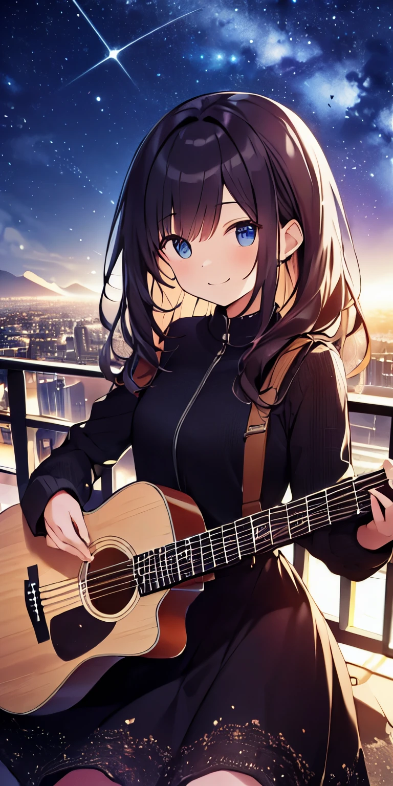 table top, highest quality,figure, wallpaper, ultra detail, absurd, 16 year old girl, alone, (Medium Wavy Hair、play the guitar、Smile、Overlooking the city from the top of the hill、The starry sky at night is beautiful.