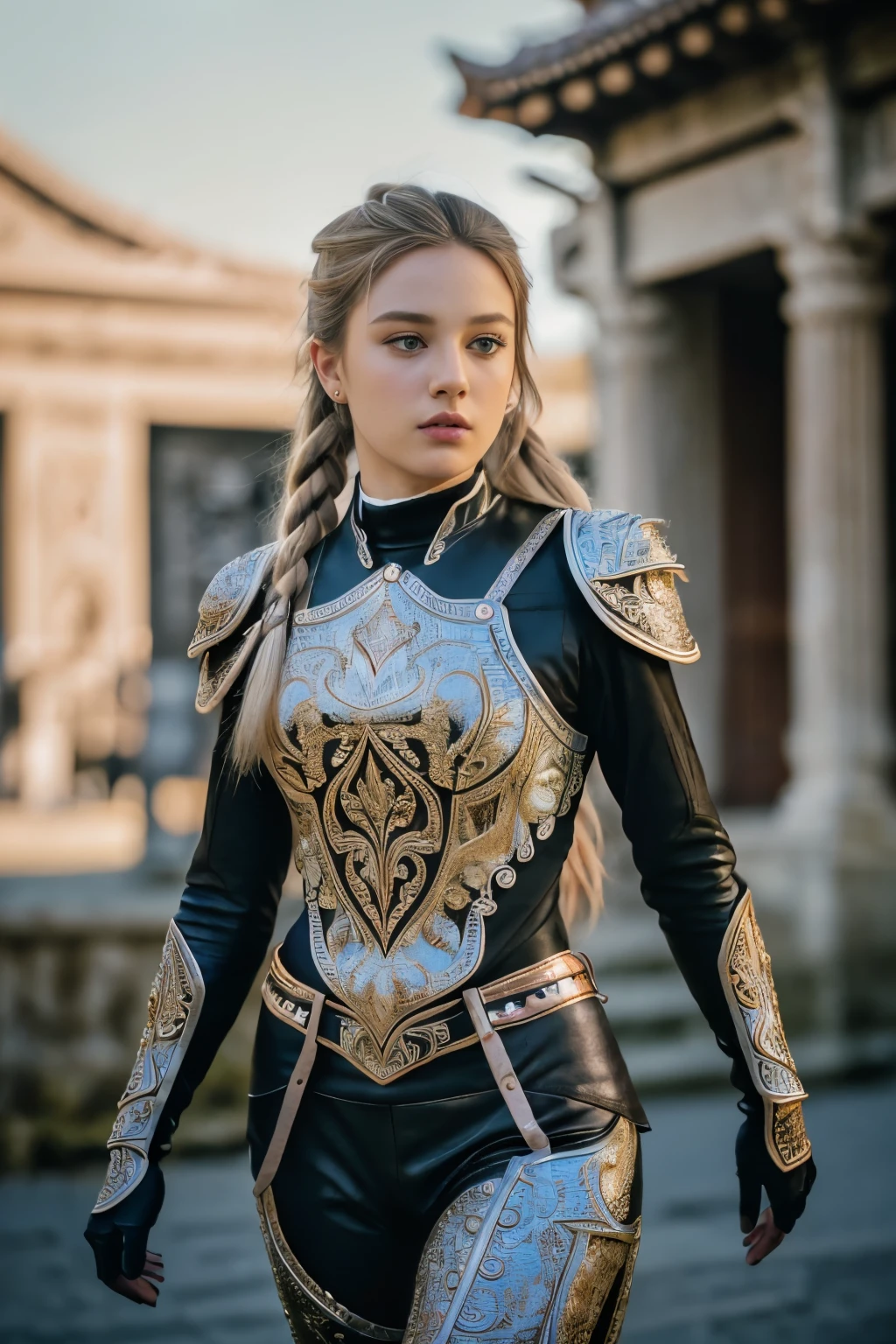 (8K, best quality:1.2), (masterpiece:1.37), (photo, photorealistic:1.37), (ultrahigh-res), full body, walking pose, shot from front, slow motion, female paladin wearing the full body, (leather armour:1.2),(leather armor), (insanely detailed, bloom:1.5), (highest quality, Alessandro Casagrande, Greg Rutkowski, Sally Mann, concept art, 4k), (analog:1.2), (high sharpness), (detailed pupils:1.1), detailed face and eyes, Masterpiece, best quality, (highly detailed photo:1.1), (long blonde Hair, ponytail,ecstatic:1.1), (young woman:1.1), sharp, (perfect body:1.1), realistic, real shadow, (temple background:1.2), (by Michelangelo), photographed by Canan EOS R6, 135mm, 1/1250s, f/2.8, ISO 400