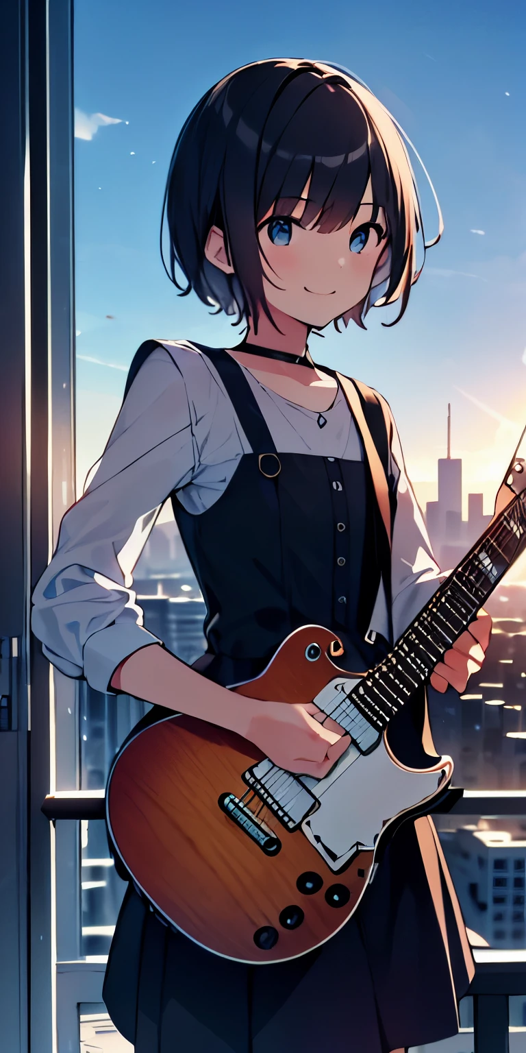 table top, highest quality,figure, wallpaper, ultra detail, absurd, 16 year old girl, alone, (medium short hair、play the guitar、Smile、Overlooking the city from the top of the hill、It&#39;s beautiful just before the sun goes down