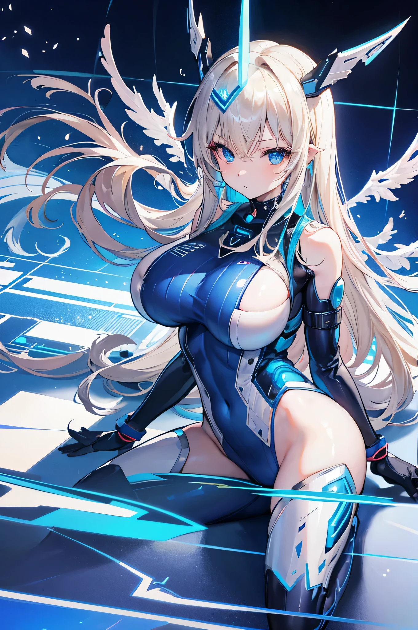 4K,High resolution,one woman,cream hair,long hair,blue eyes,big breasts,Valkyrie,blue tight cyber suit,hat with feathers,cyber headgear,cyber japanese sword,city of the future