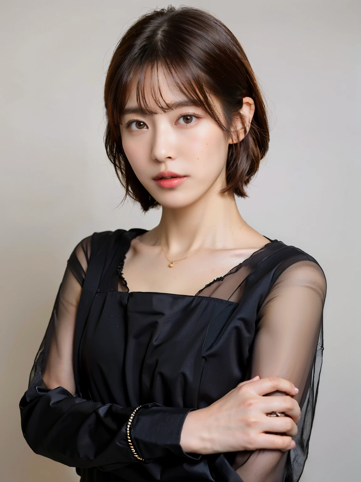 (highest quality, 8K, 32K, masterpiece, UHD:1.2),Photos of cute Japanese women,, very short bob hair,Upper body,face focus,spring clothes、long sleeve dress, necklace, white simple background, From above, looking at the viewer,Dark brown hair color