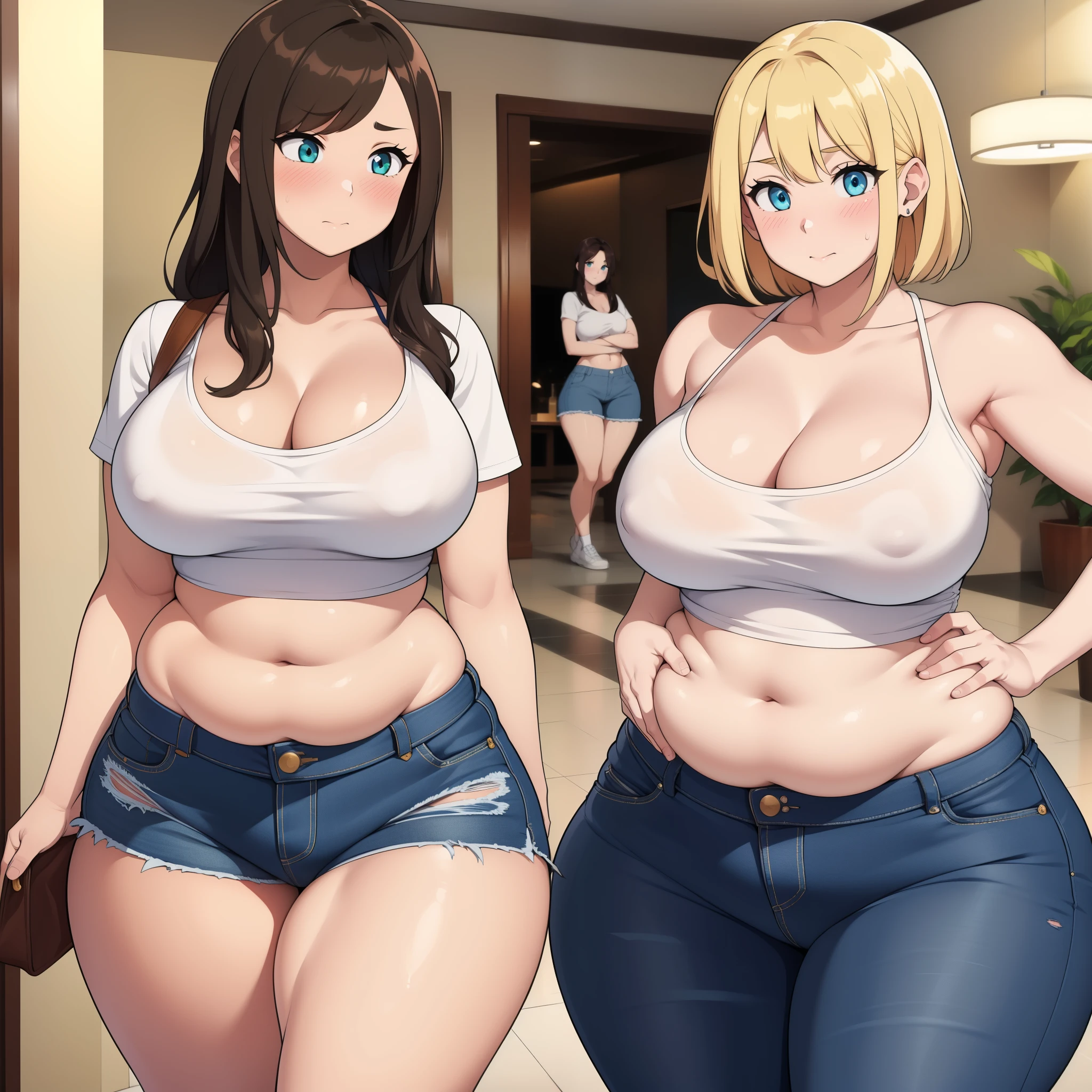 ((highres)), Masterpiece, high quality, best quality, beautiful, perfect lighting, detailed face, ultra cute face, ((blush)), ((2girls)), one girl has blonde hair, blue eyes, crop top and shorts, one girl has brown hair, green eyes, jeans, white shirt, hotel lobby, medium breasts, cleavage, ((wide hips)), (thick thighs), ((chubby)), standing next to each other,