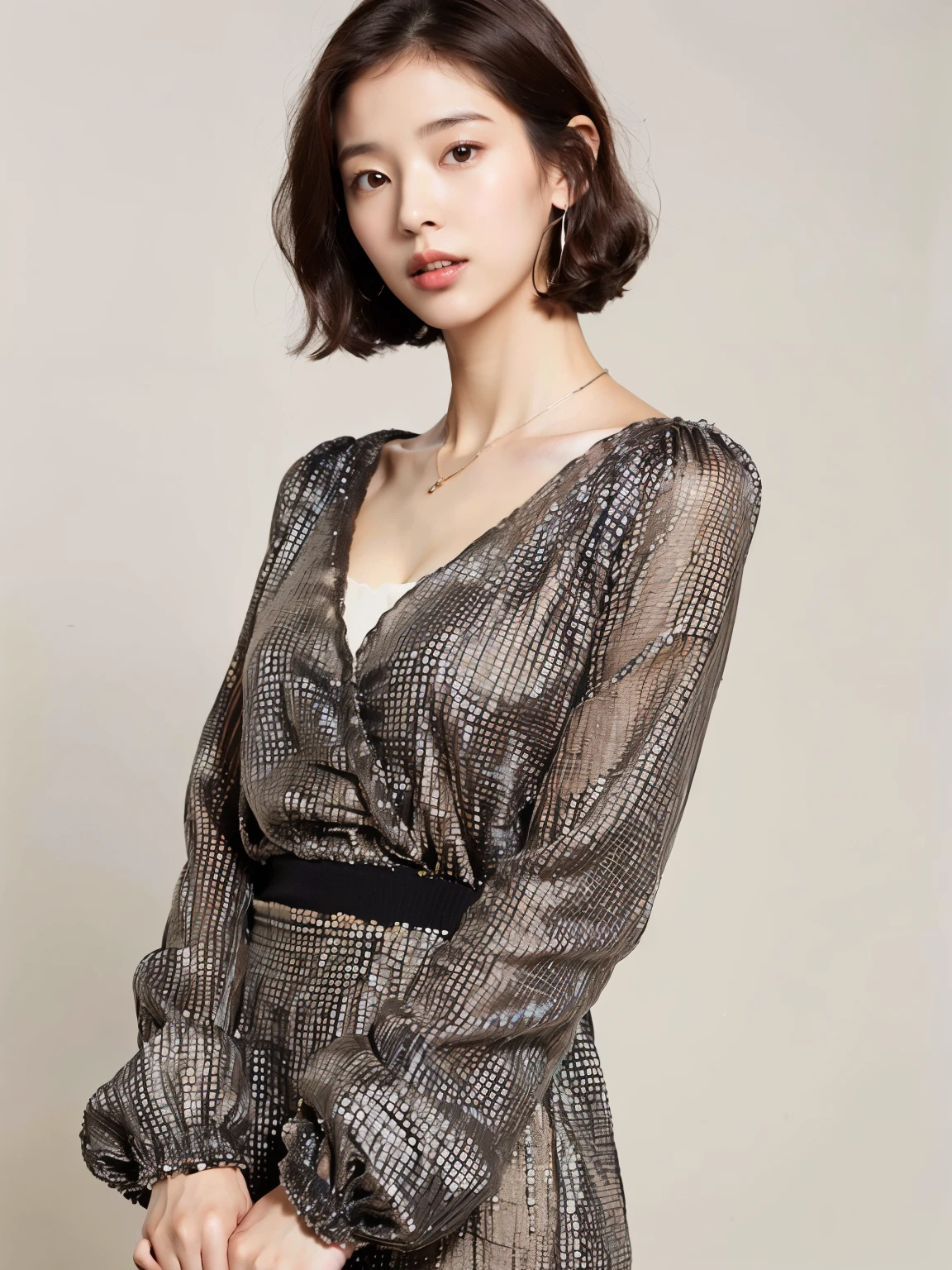 (highest quality, 8K, 32K, masterpiece, UHD:1.2),Photos of cute Japanese women,, very short bob hair,Upper body,face focus,spring clothes、long sleeve dress, necklace, white simple background, From above, looking at the viewer,Dark brown hair color