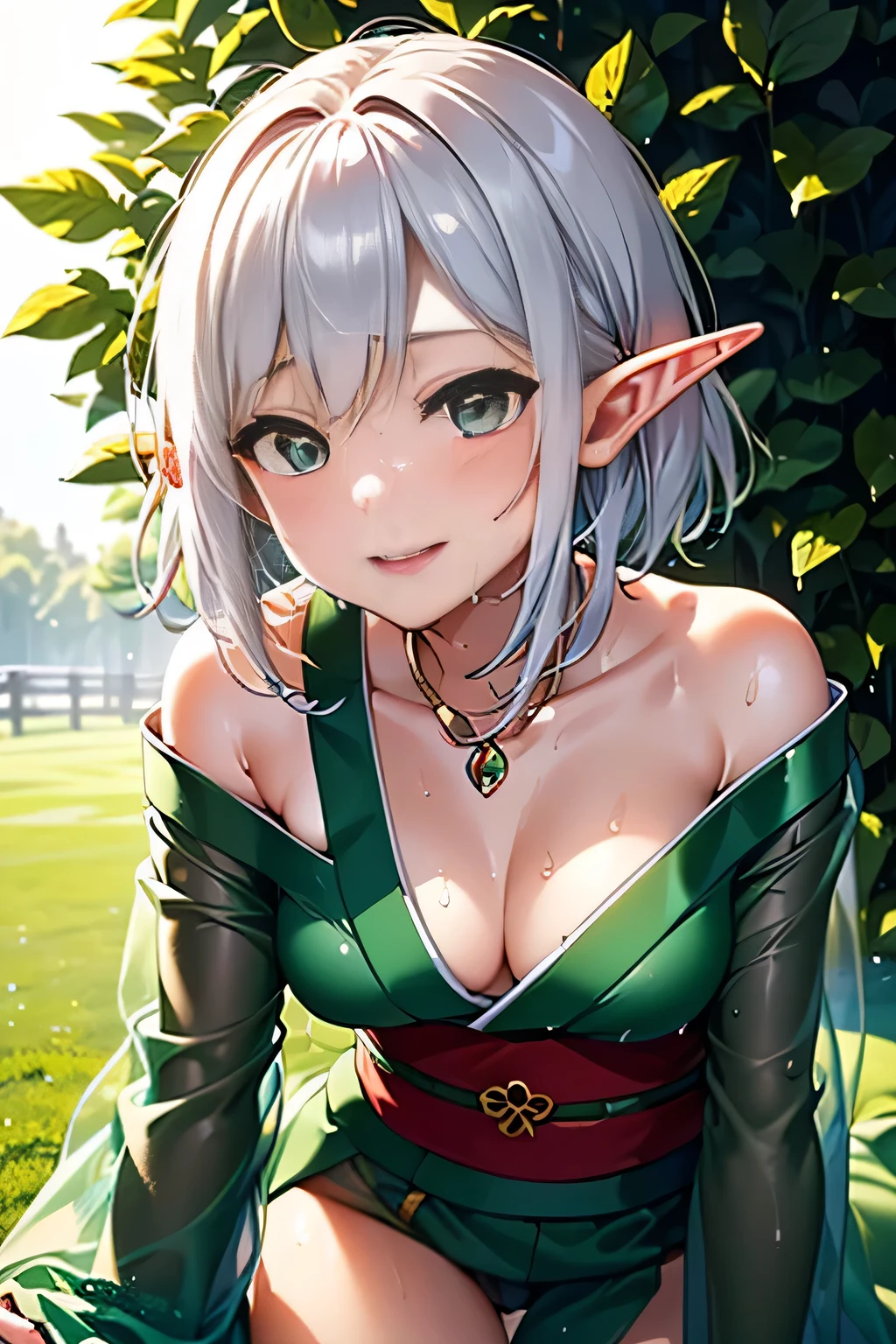 (((Crawling on all fours on the lawn:1.3))),(((forest trees々々sunlight shining through))),(((elf woman with small ears:1.7))),(((Little elven ears:1,7))),(50 years old),(Fair skin:1.7),(An oversized wet green costume that is about 3 sizes larger than a woman's.'s.:1.7)、Beauty Warrior,(neck is open、(You can see through the wet green kimono:1.7)、(Her small breasts, She wears armor 3 sizes larger than Wet Green Lady.., What can be seen through the hanging gap at the chest of the large green costume.:1.3)、(sexy wet green costume:1.3)、(An oversized wet green costume that is about 3 sizes larger than a woman's.'s..and the space between the small breasts:1.3)、(Small breasts with a glimpse of cleavage:1.3)、(very small breasts:1.7)、(very small breasts見せ: 1.3)(smile full of happiness:1.3),(((Emphasize small breasts:1.3))),(dynamic angle),(((Dynamic and sexy forward leaning posture:1.7))),(( (wet and shiny skin)))、extremely small breasts、Clothes flutter in strong winds、chest slip、one girl、hairpin、necklace、earrings、look up from below、Pointed red mouth、cheeks turn red、he sees who is logged in,(shiny silver hair,short hair),Disarrayed hair blows in the strong wind,look at the camera,(professional lighting),(8K,debris flies、highest quality、Ultra high resolution output image、)、Depth of written boundary、beautiful hands、beautiful fingers、Detailed functions of fingers、Detailed characteristics of hair、detailed facial features、Detailed features of clothing、wet hair、wet body、wet costume、
information