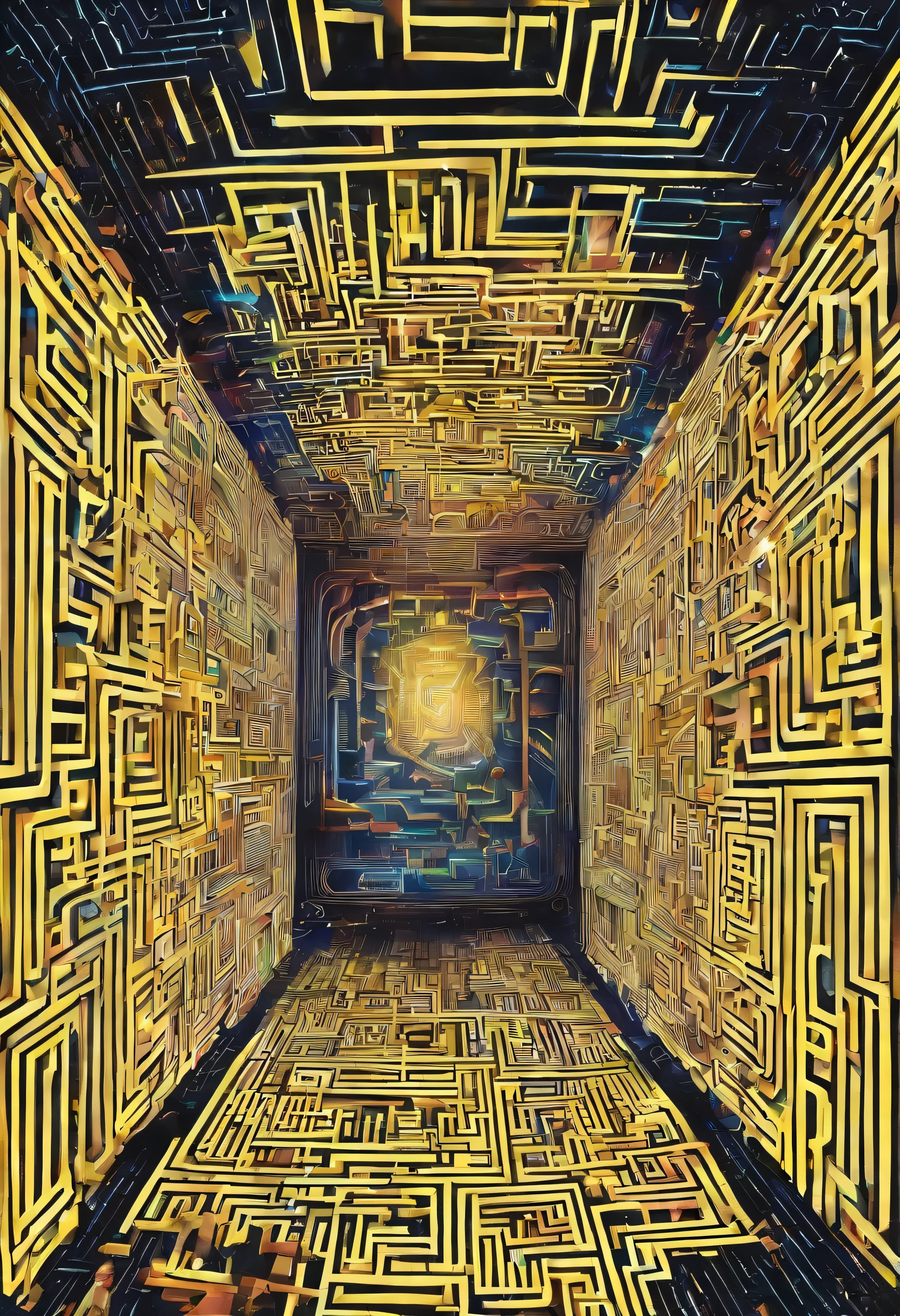 Draw a picture that represents the feeling of being lost behind the scenes, an endless maze of endless rooms. The walls are covered in wear and tear, tapete amarelado., e as luzes fluorescentes no teto zumbem fracamente, criando uma atmosfera opressiva. Cada sala apresenta detalhes realistas, como velho, Dusty furniture, tubos expostos e rachaduras nas paredes. The perspective of the image emphasizes the vastness of the labyrinth and the feeling of claustrophobia it causes...