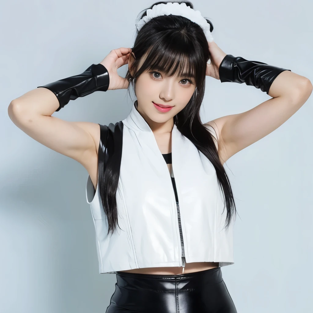 25 year old full body shot、black straight hair、white headband、bangs are slightly droopy、wear a sleeveless white jacket、The jacket has a design similar to Japanese clothing.、Wear tight black leather pants、dynamic pose、