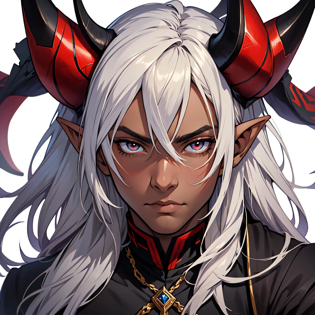 anime, masterpiece, best quality, by professional artist, male, only one person, solo, portrait, detailed composition, detailed eyes, white background, detailed hair, nothing in background, dark skinned, elf, horns, seductive stare, wearing black and red medieval clothes