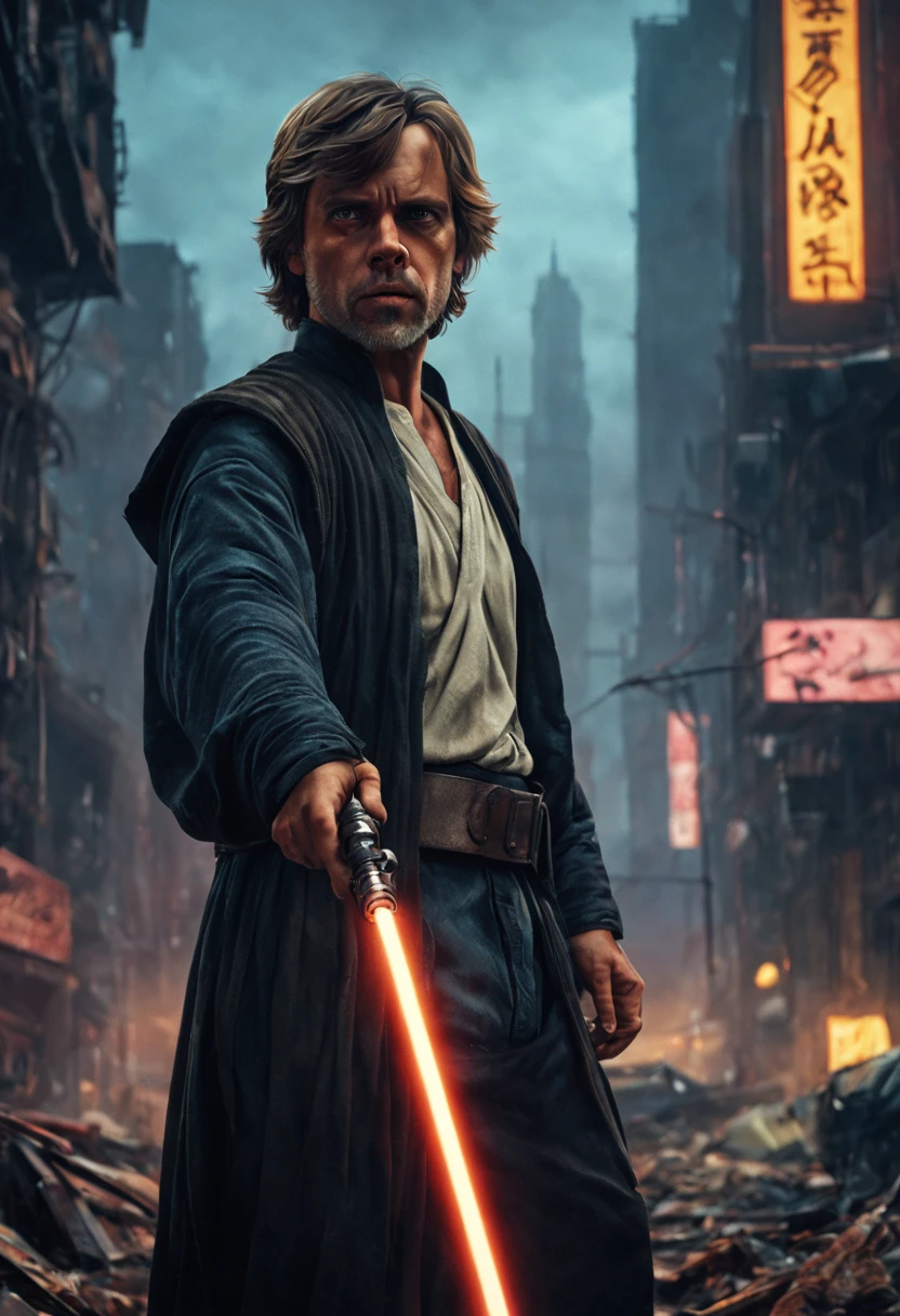 (best quality, highres, photo-realistic:1.37), luke skywalker gazing at cyberpunk ruins, detailed ruins, dystopian setting, futuristic cityscape, neon lights, flying vehicles, advanced technology, towering skyscrapers, holographic billboards, pollution, gritty atmosphere, rain-soaked streets, steam rising from vents, abandoned cars, dark alleys, cybernetic implants, augmented reality, glowing eyes, tattered clothing, intense expression, force-sensitive, lightsaber, heroic pose, intense action, vibrant colors, dramatic lighting.