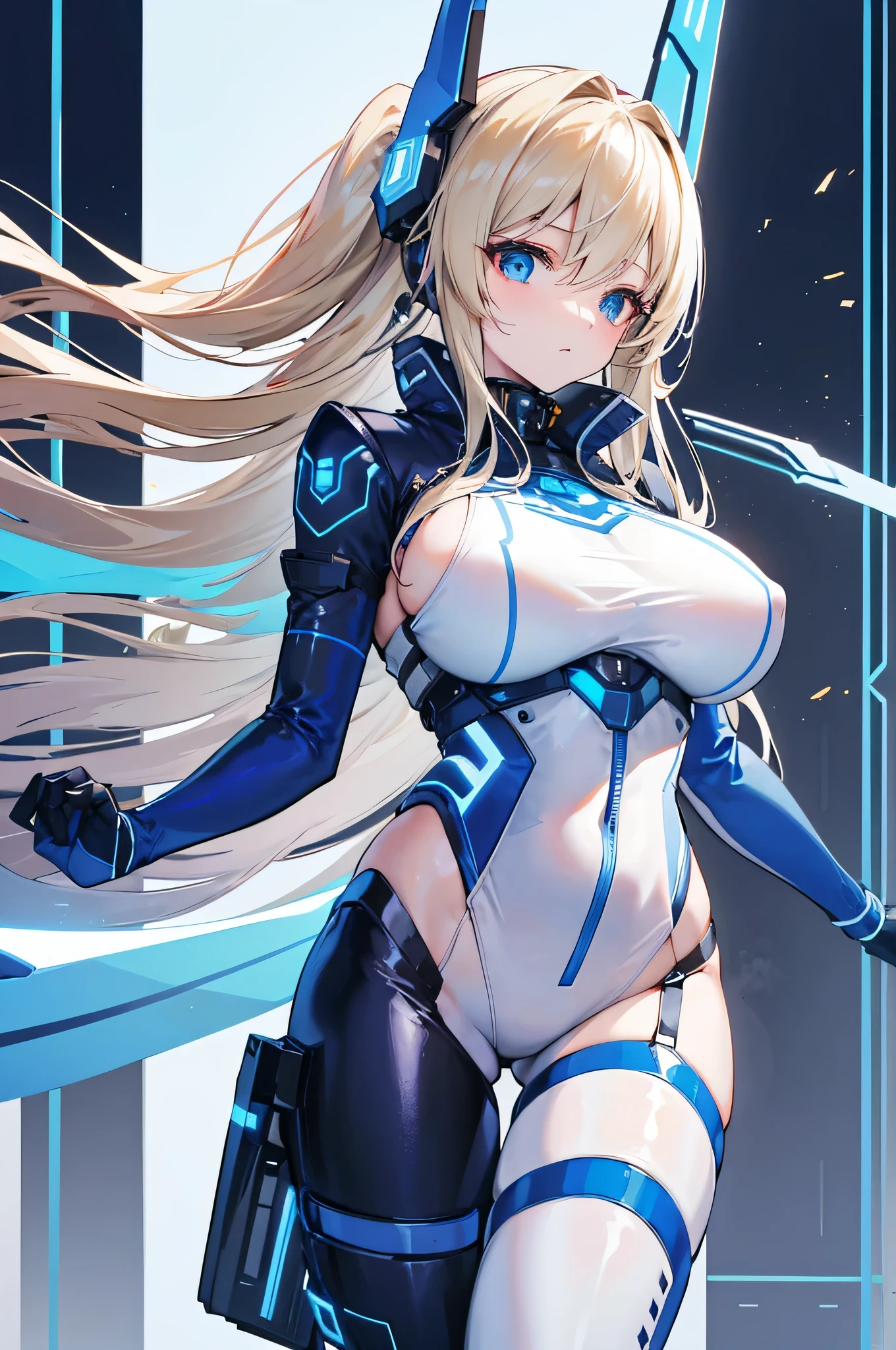 4K,High resolution,one woman,cream hair,long hair,blue eyes,big breasts,Valkyrie,blue tight cyber suit,hat with feathers,cyber headgear,cyber japanese sword,city of the future