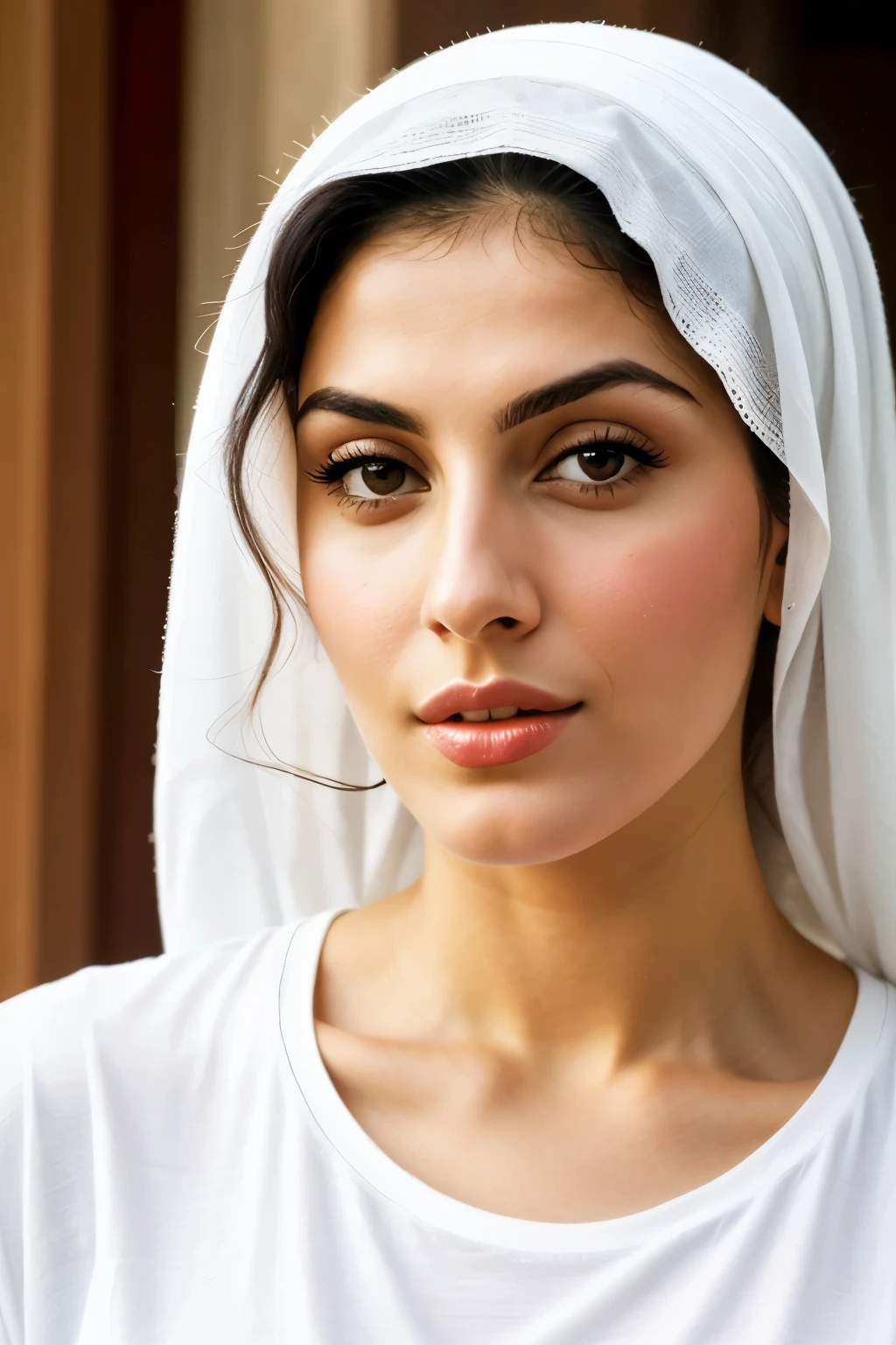 arafed woman wearing a white t-shirt , beautiful iranian woman, pale-skinned persian girl, beautiful arab woman, middle eastern skin, detailed face of an arabic woman, very very beautiful woman, arab young monica belluci, very beautiful portrait, very beautiful woman, arabian beauty,white t-shirt