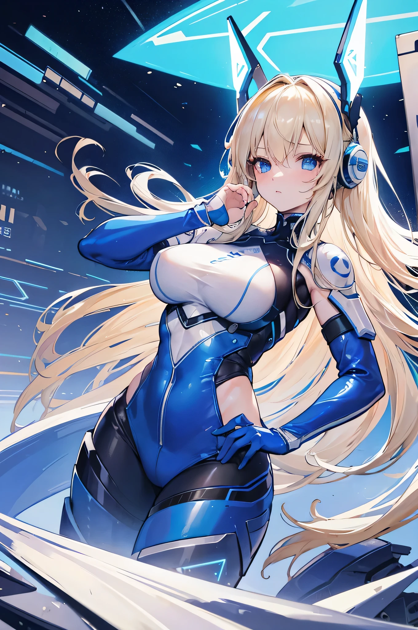 4K,High resolution,one woman,cream hair,long hair,blue eyes,big breasts,Valkyrie,blue tight cyber suit,hat with feathers,cyber headgear,Japanese sword,city of the future