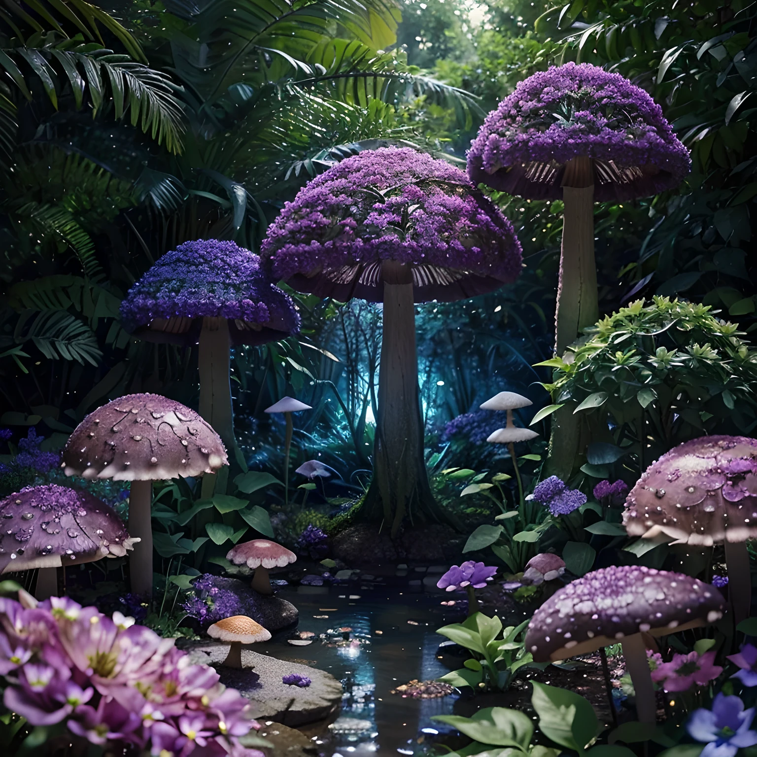 lush plantlife, real, detailed, 8k, high quality, an enchanting and dreamy scene of fantasy/alien forest, mushrooms, creating a sense of mystique and enchantment, lots of blues and purples, garden, water, flowers, depth of field photorealist, crystals