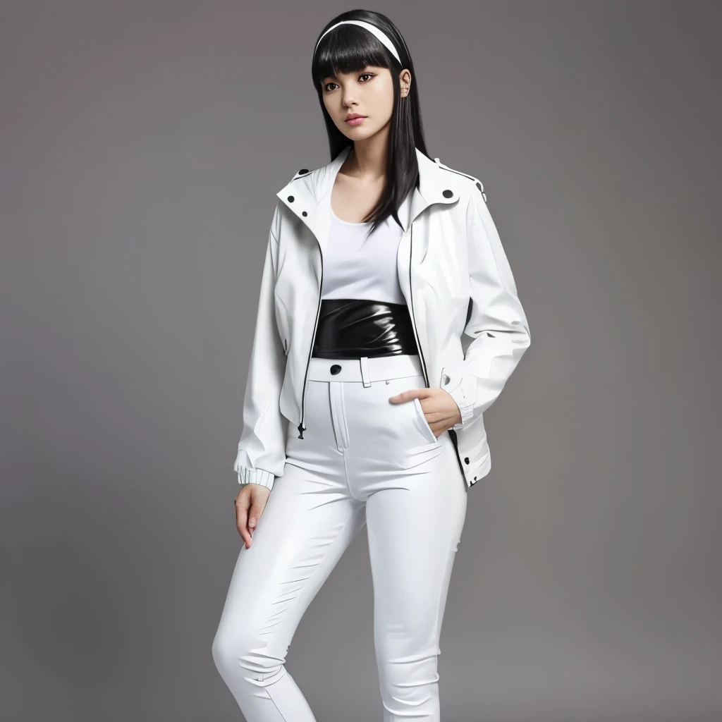 25 year old full body shot、black straight hair、white headband、bangs are slightly droopy、wear a white shoulderless jacket、The jacket has a design similar to Japanese clothing.、Wear tight black leather pants、dynamic pose、