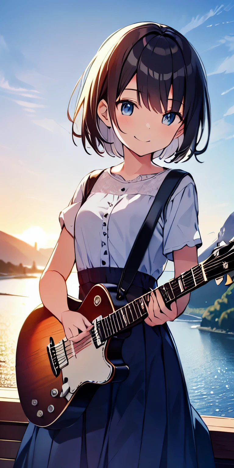 table top, highest quality,figure, wallpaper, ultra detail, absurd, girl, alone, (medium short hair、play the guitar、Smile、overlooking the river from the top of the mountain、It's beautiful just before the sun goes down