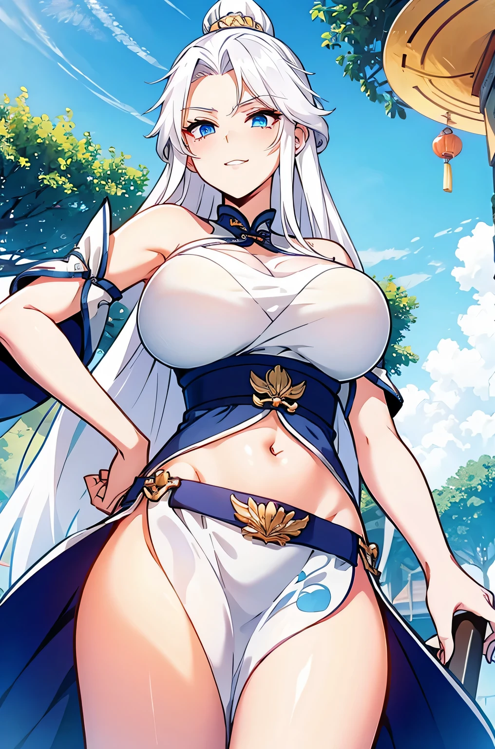 young girl,big breast,white hair,blue eyes, long chinese skirt, Green Chinese tight top, open belly, smirk, Masterpiece, hiquality