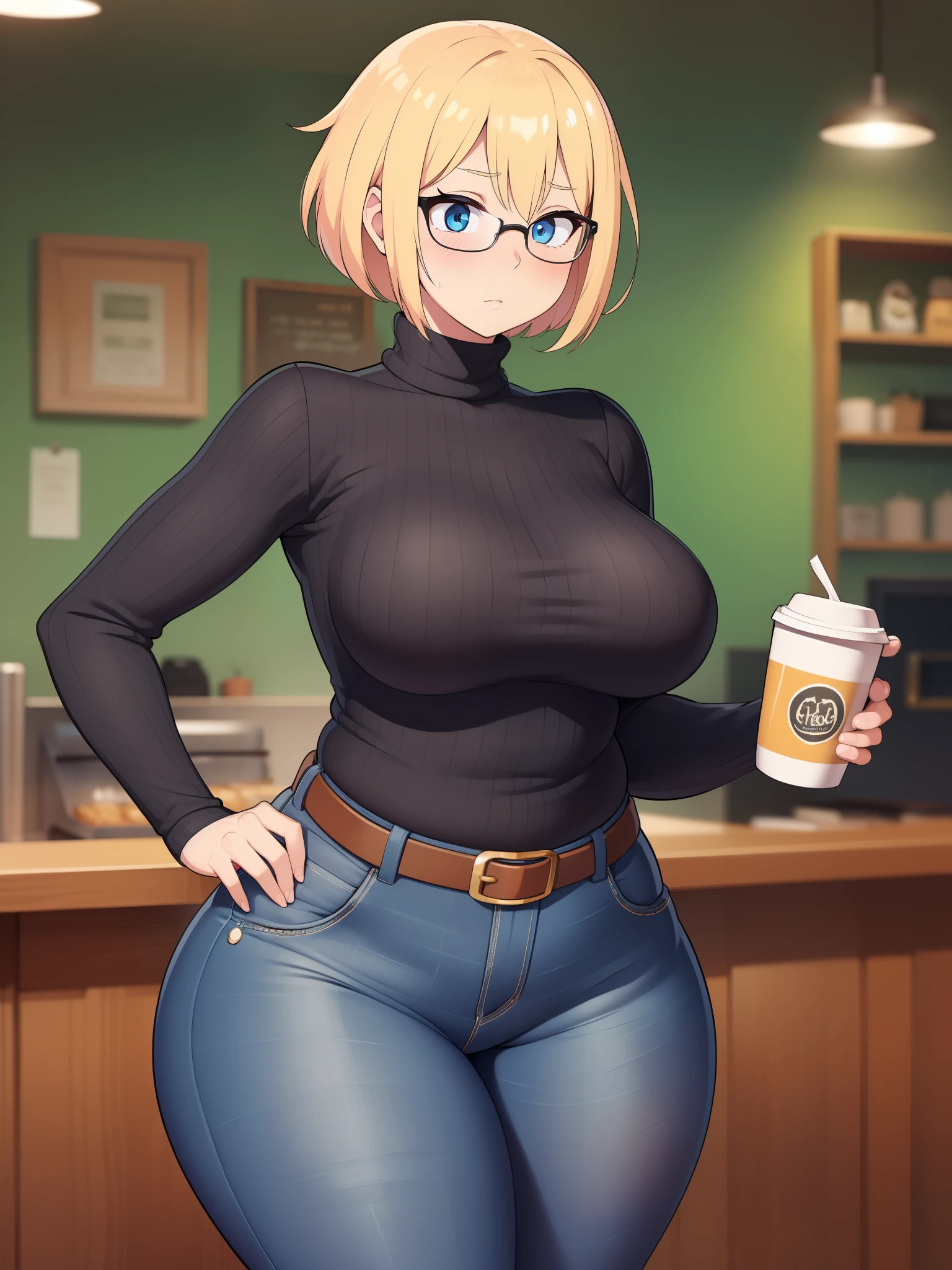 ((Masterpiece)), perfect anatomy, perfect shading, field of depth, (best quality), extremely delicate and beautiful, perfect lighting, detailed face, ultra cute face, cute, (cowboy shot 1.2), full body, (((1girl))), ((solo)), looking at viewer,
short hair, fluffy hair, blonde hair, blue eyes, Glasses, ((blush)), shy, nervous, embarrassed, (black turtleneck sweater 1.5), (jeans 1.2), belt, extremely tight clothes, medium breasts, ((wide hips)), ((thick thighs)), ((chubby)),
coffee shop, intricate background, detailed background, hand on hip, holding coffee cup,