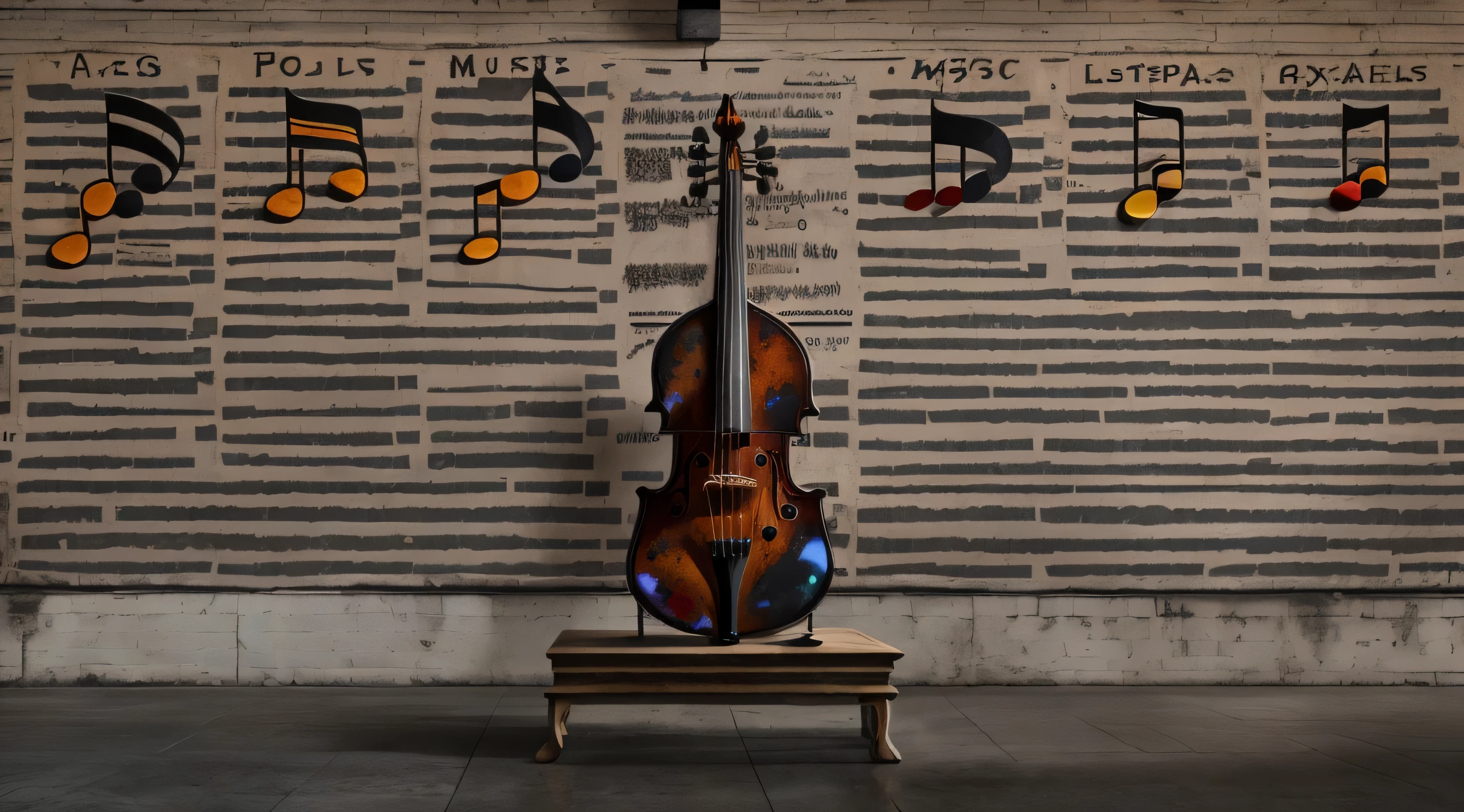 A music score on the wall with a lot of notes painted on the pentagrams on the wall, music all around, very detailed photography, musical notes, 8k, hyperdetailed, wooden contrabass in the middle on a pedestal