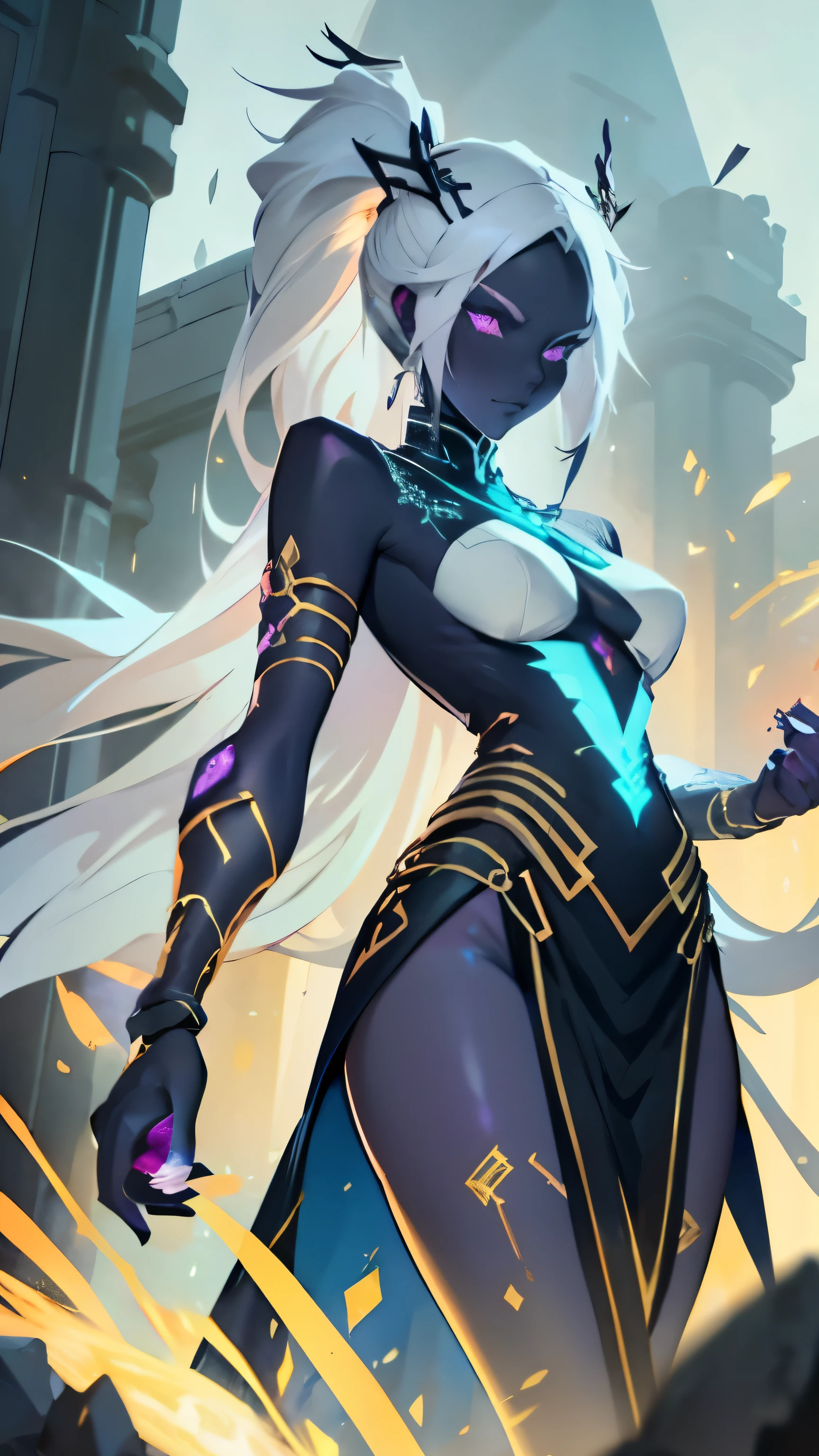 A beautiful and sexy megatrix woman with long white hair and yellow eyes who has a very sexy body wearing a white kimono with gold details and having several runes running across her body