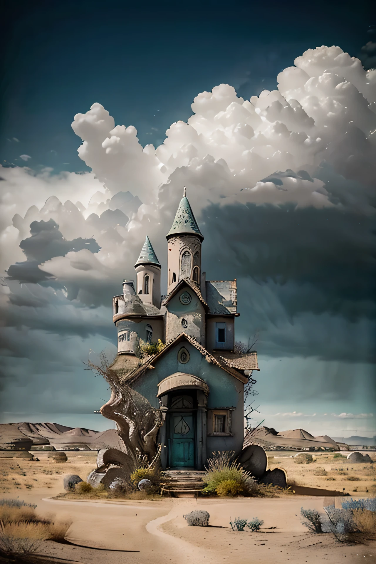 Draw a scene that represents a lonely house in the middle of a vast open field, where the land stretches as far as the eye can see. The house is a modest construction, com paredes de madeira desgastada pelo tempo e pelo clima. The sloping roof is covered in moss and lichens, sugerindo anos de abandono. No entanto, despite its neglected appearance, a casa emana uma aura acolhedora e misteriosa. A luz do sol ilumina as janelas antigas, refletindo tons dourados no campo ao redor. Flores silvestres crescem ao redor da base da casa, adding splashes of color to the serene landscape. The sky is vast and blue, with fluffy white clouds that float lazily. The atmosphere is one of solitude and contemplation, inviting the viewer to imagine the stories and secrets kept by this lonely house in the middle of nowhere.