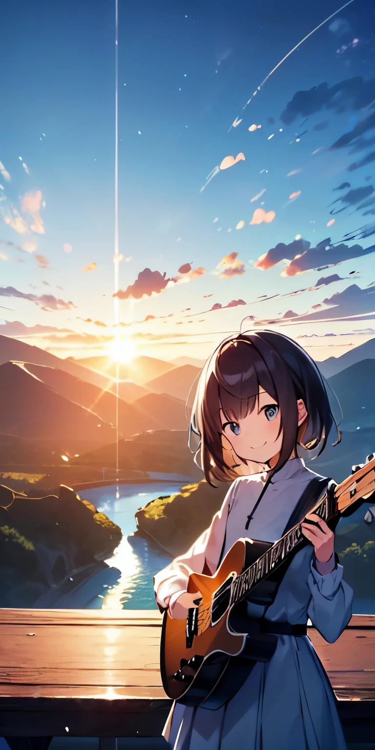 table top, highest quality,figure, wallpaper, ultra detail, absurd, 16 year old girl, alone, (medium short hair、play the guitar、Smile、overlooking the river from the top of the mountain、It's beautiful just before the sun goes down、(Depict a person far away and small)