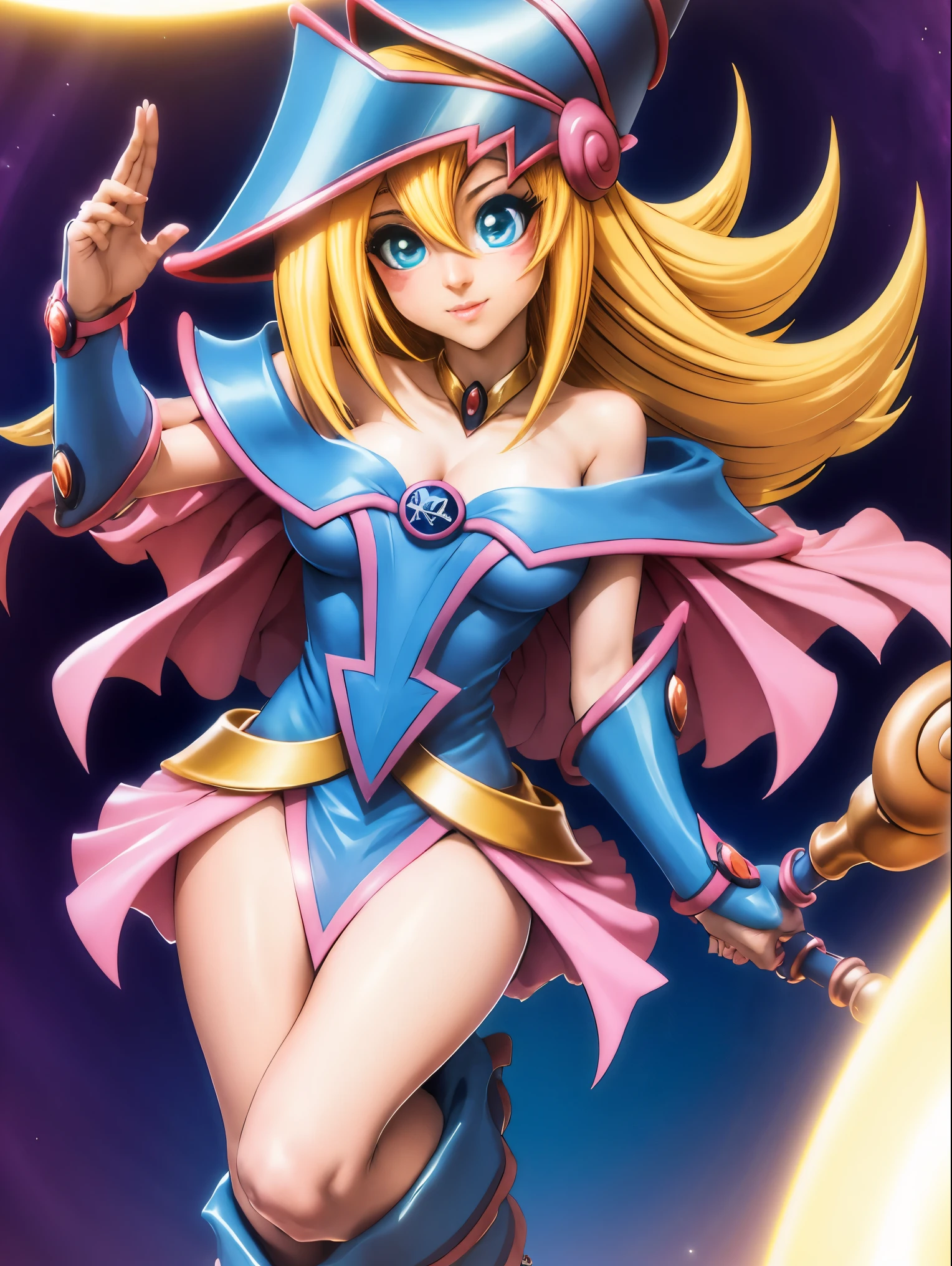 Dark magician gils. Leaving a magic circle. Magia de corazones en el aire. Pose sensual y inocente. Sonrisa de mona lisa 