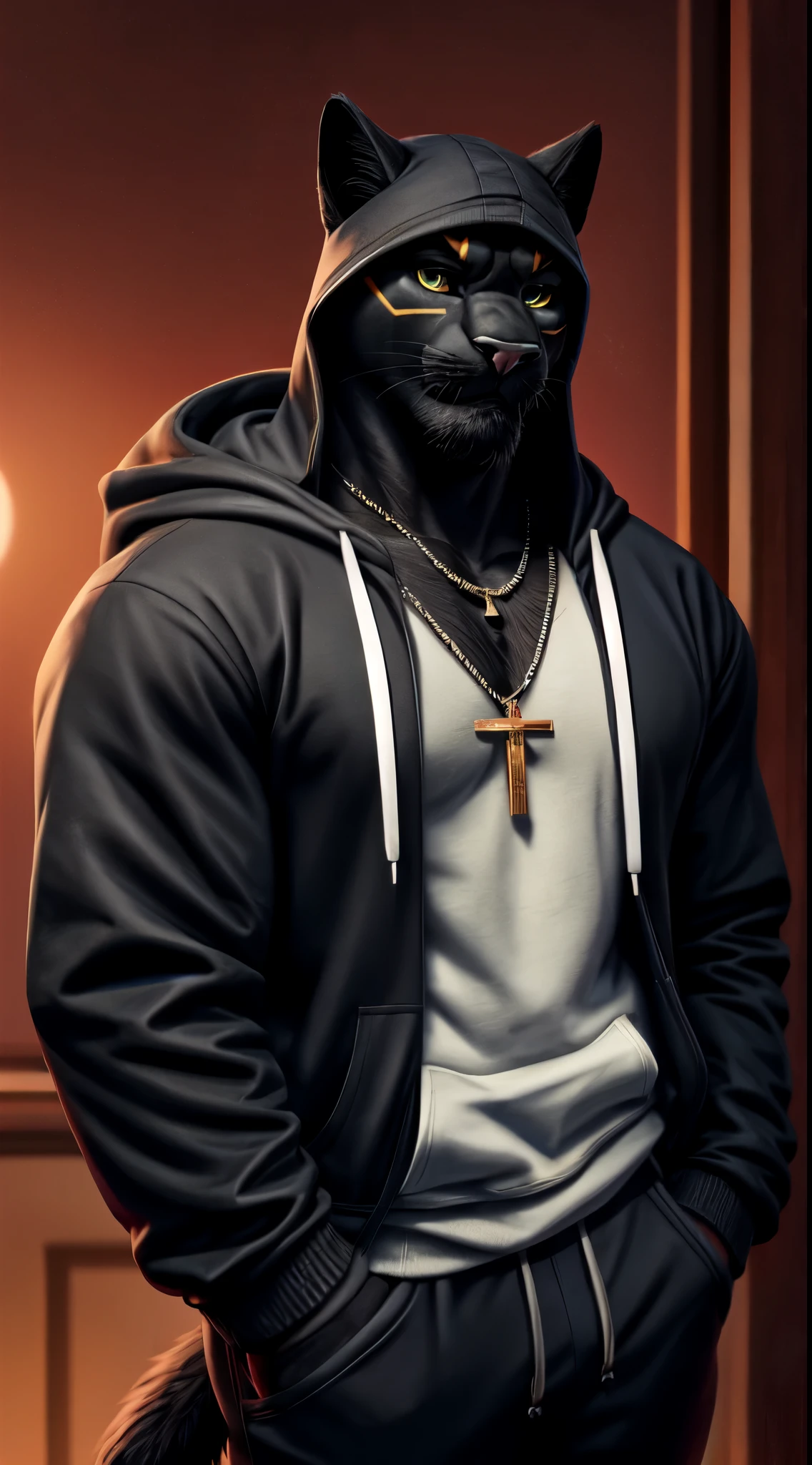 gigachad black panther in a hoodie, with a cross necklace