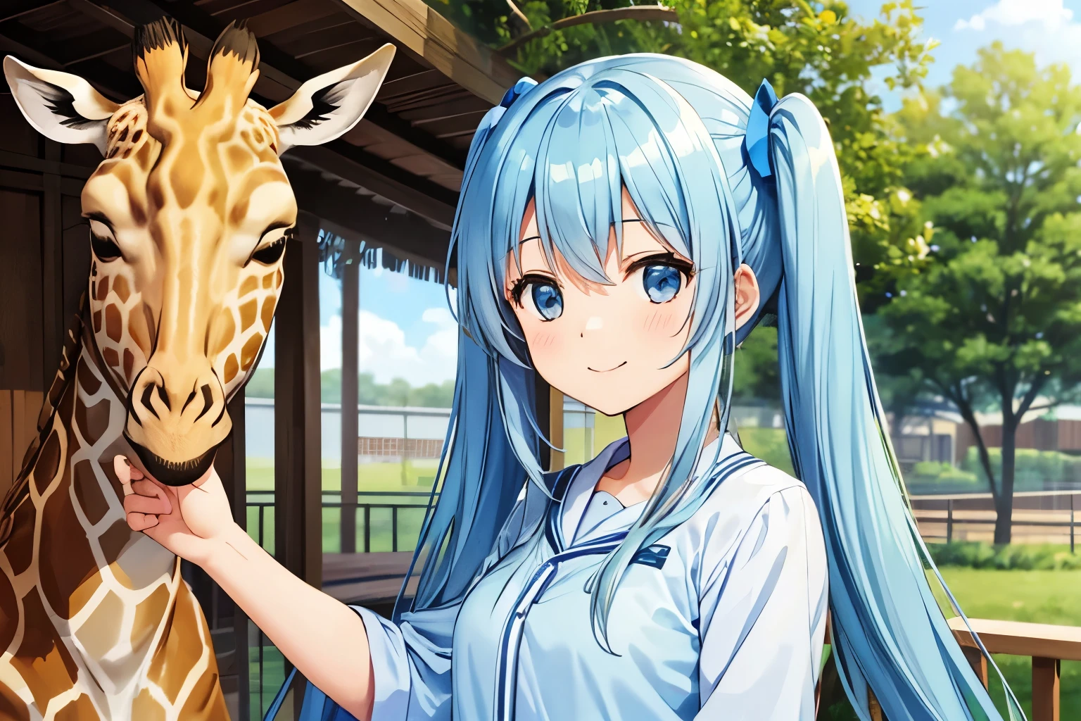 light blue long hair、Beautiful girl with twin tails、A happy smile、I'm at the zoo、playing with giraffe、