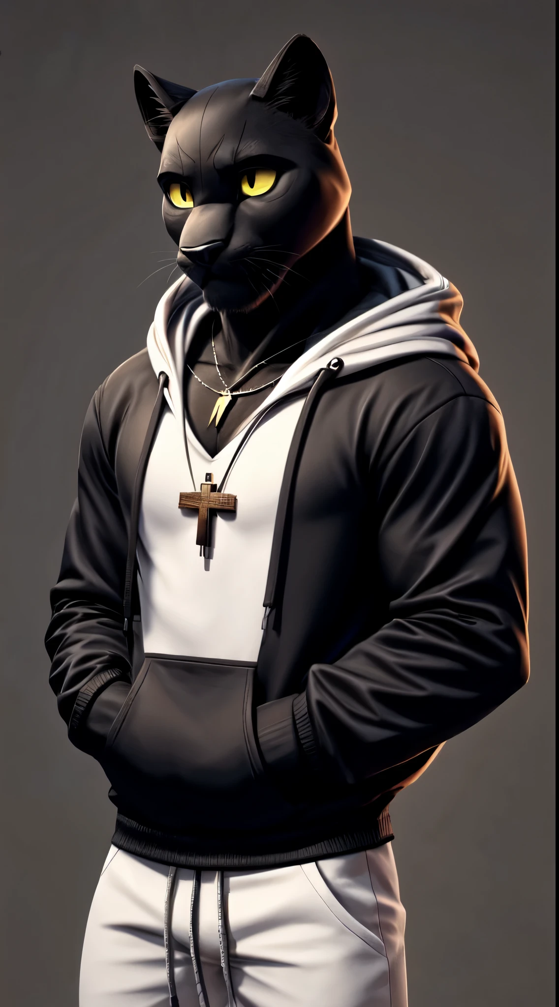 gigachad black panther in a hoodie, with a cross necklace, confused expression