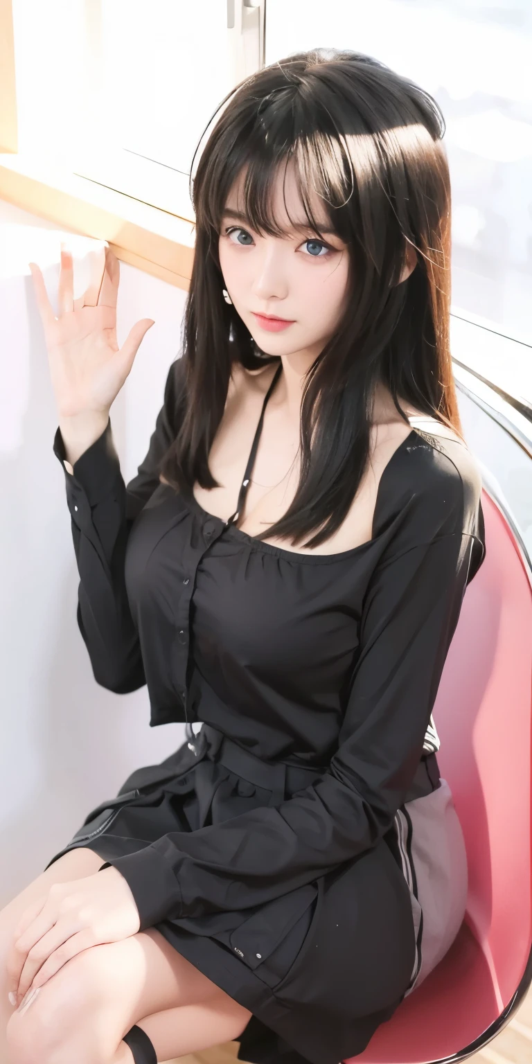 1girl,huge breast, black hair, blue eyes,high quality, ultra detailed, masterpiece, realistic, clothes