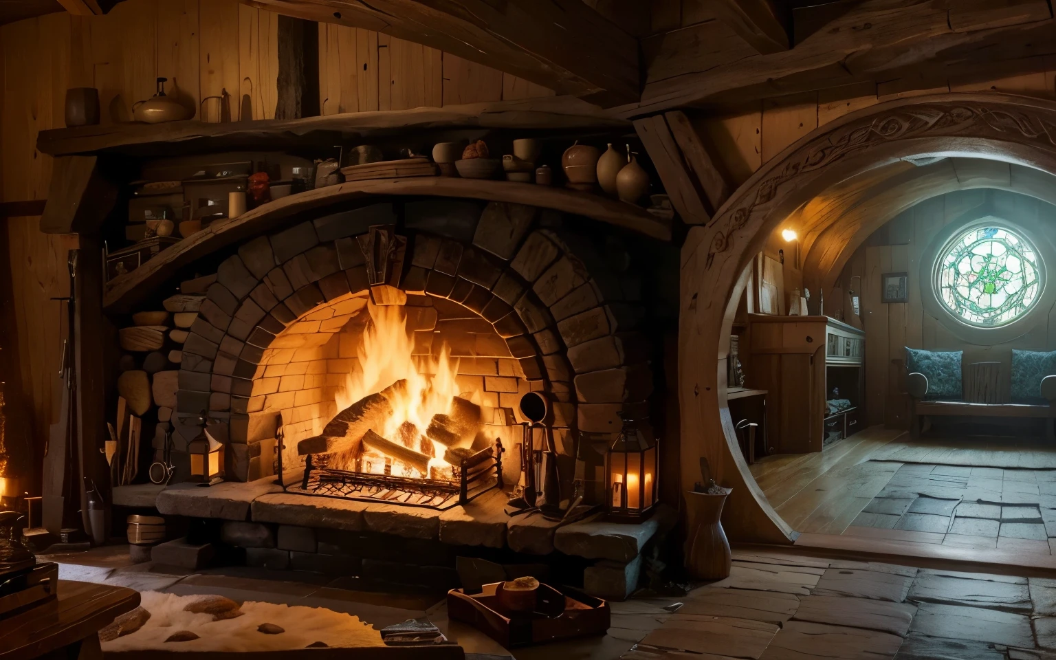large fireplace at hobbit wooden house. A room full of objects, and at the end, a pretty stained glass, a room of detailed objects (DO IT BETTER, MORE DETAILED)