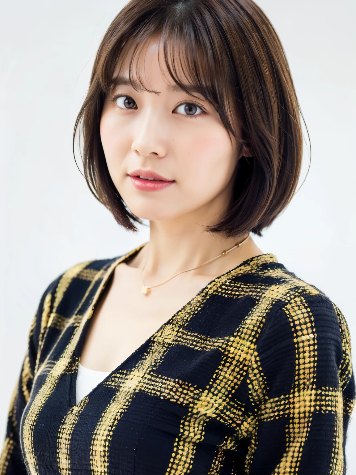 (highest quality, 8K, 32K, masterpiece, UHD:1.2),Photos of cute Japanese women,very short bob hair,Upper body,face focus,spring clothes、long sleeve dress, necklace, white simple background, From above, looking at the viewer,Dark brown hair color