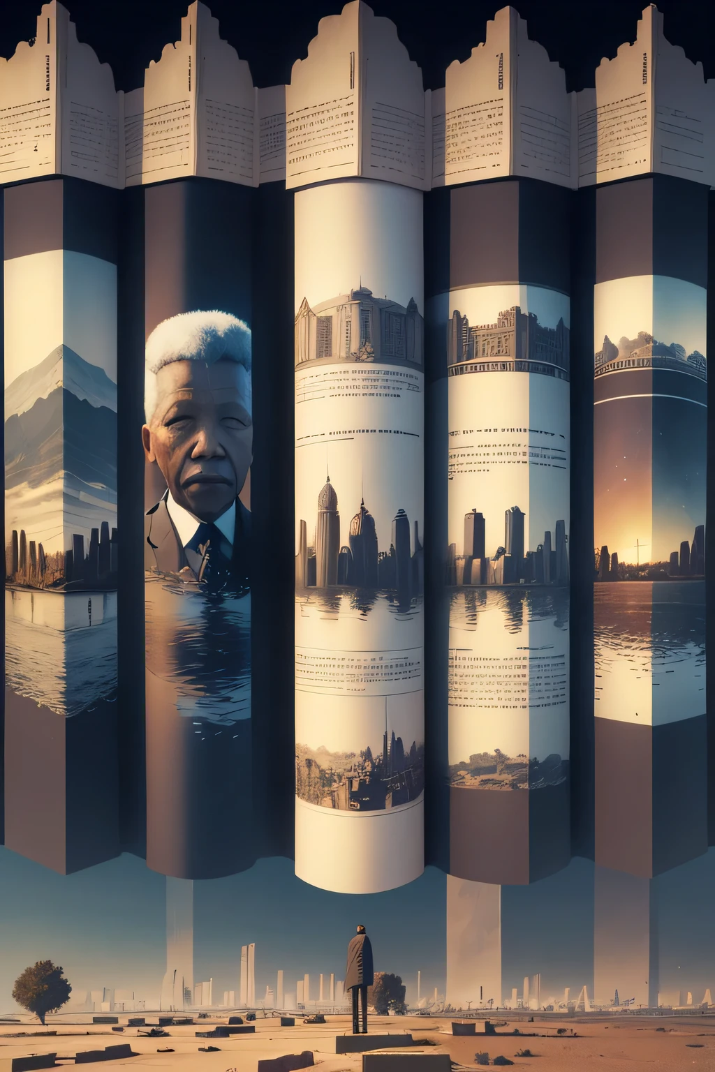 Explore the theme of parallel realities by depicting multiple timelines coexisting. Illustrate Mandela alive in one timeline and Mandela's supposed death in another, showcasing the divergence of collective memories.
Keywords: Parallel realities, multiple timelines, Mandela alive, Mandela's supposed death, divergence of memories.