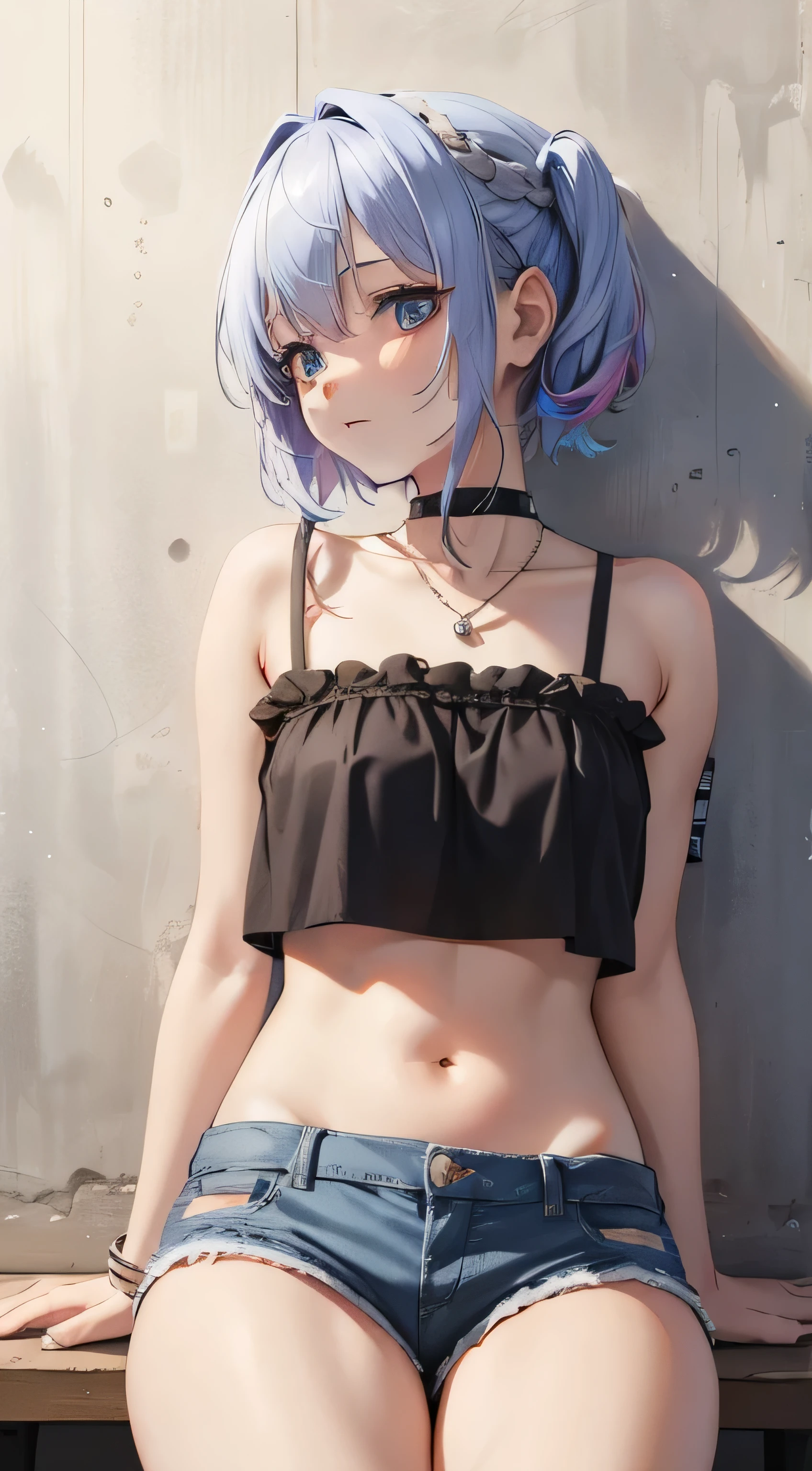 absurderes, Best quality,1girll, Solo, Striped hair, Crop top, Denim shorts, choker necklace, (scribbles:1.4), paint splatter, arms back behind, (Slouching), (Leaning back:0.5), against a wall, (leaning to the side:0.5), view the viewer, Armband, thigh band, Striped hair, Paint on the body, Upturned eyes, Head down, Head tilt, (From the side Side:1), Bored