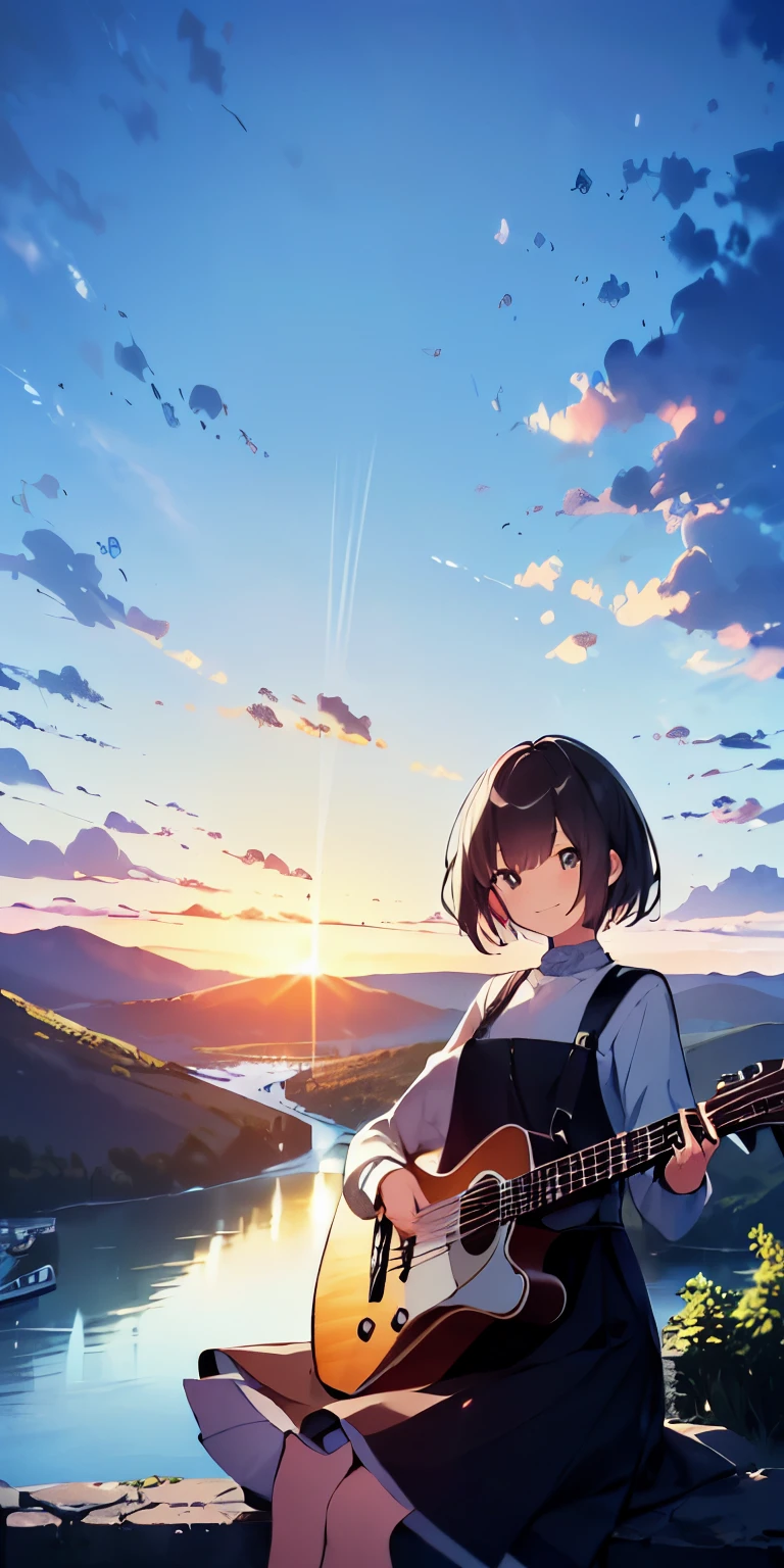 table top, highest quality,figure, wallpaper, ultra detail, absurd, girl, alone, (medium short hair、play the guitar、Smile、overlooking the river from the top of the mountain、It's beautiful just before the sun goes down、(Depict a person far away and small)