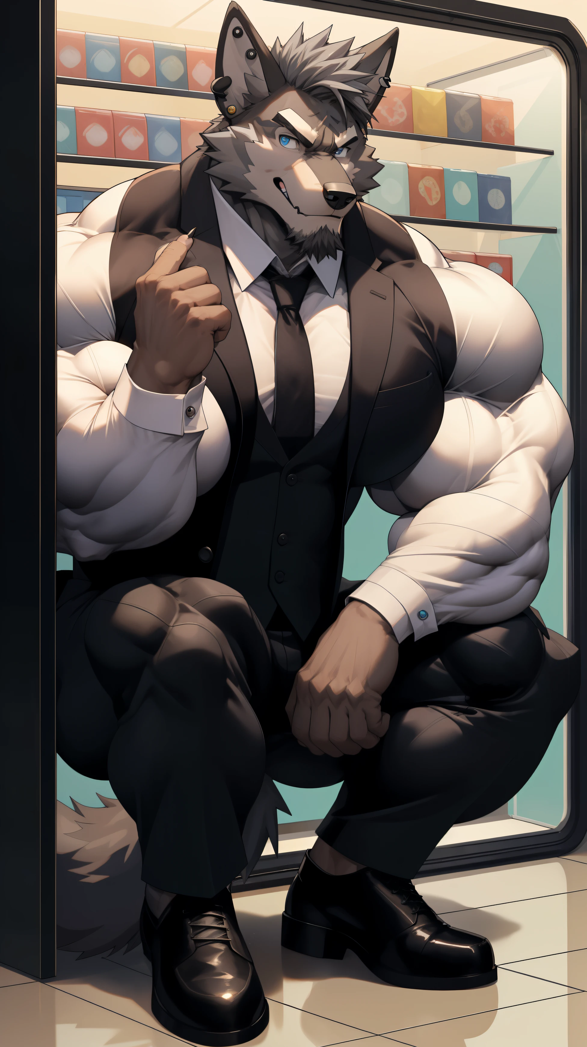 Too realistic,Masterpiece, best quality, face, natural eyes, alone, wolf, big feet, black socks, (In a suit), a businessman In a suit, Squatting in front of the vending machine.., full body, white shirt,Dark black vest, black socks, leather shoes, black tie, Look at the viewer., blue eyes , Muscular and mature, ตัดshort hair, tight fabric , Masterpiece, best quality, face, natural eyes, alone, wolf, big feet, black socks, (In a suit), a businessman In a suit, Squatting in front of the vending machine.., full body, white shirt,Dark black vest, black socks, leather shoes, black tie, Look at the viewer., blue eyes , Muscular and mature, ตัดshort hair, tight fabric,(((alone))),((((((anthropology, wolf))))) , (((((((((too much muscle:1.3))))))))), (((detailed face))), | Take a break | handsomeface,((((((elderlyface)))))), age_climb_face , (((wildface)))))))), ((((((((charming)))))))) | (((gray fur | finger claw, finger clawเท้า | )))) | (((((((( gray hair | black eyebrow | short hair | black goatee hair | spiky_black_ear_drill)))))))))