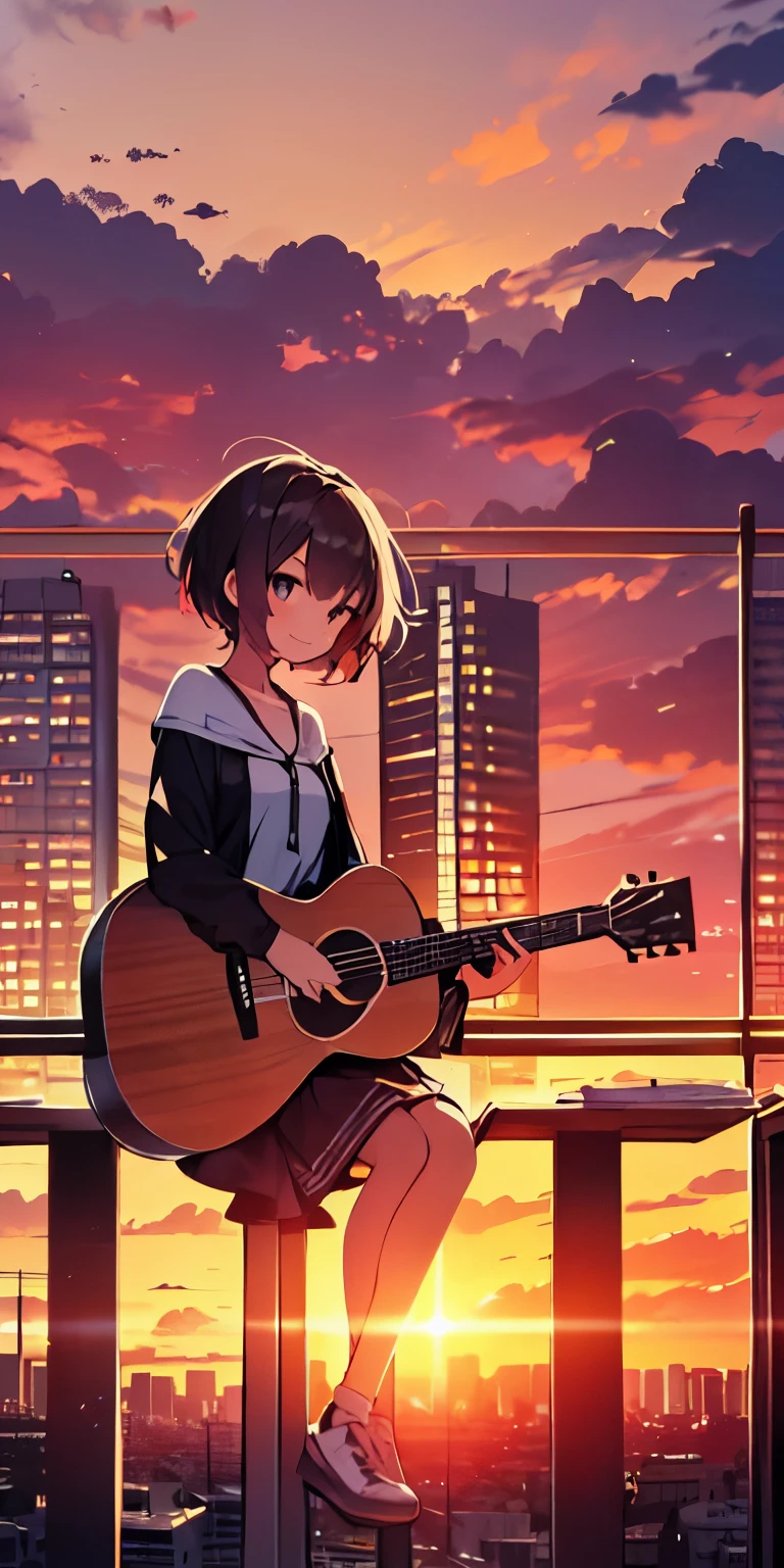 table top, highest quality,figure, wallpaper, ultra detail, absurd, 16 year old girl, alone, (medium short hair、play the guitar、smile、Overlooking the city from the top of the hill、the sunset is beautiful