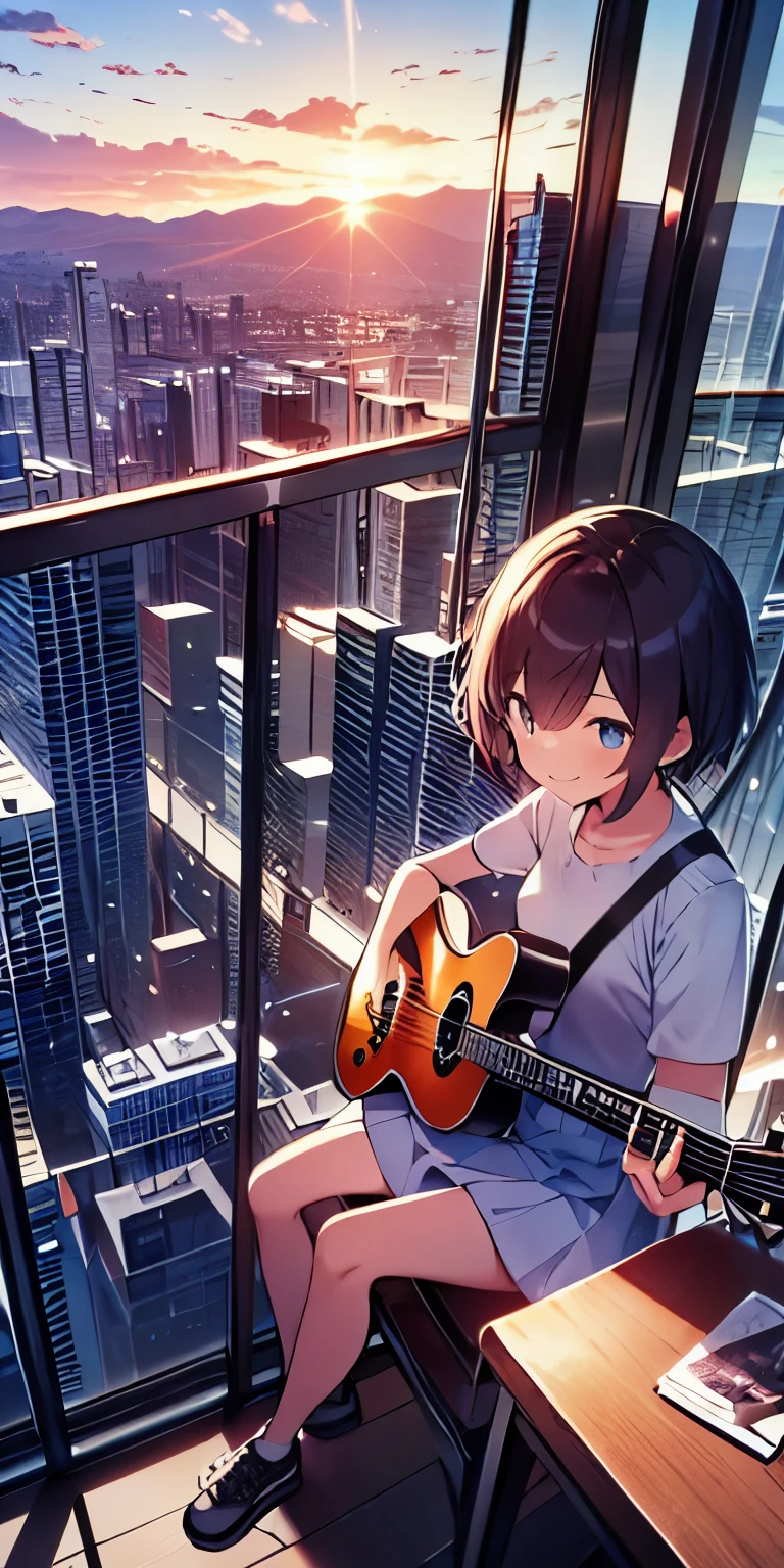 table top, highest quality,figure, wallpaper, ultra detail, absurd, 16 year old girl, alone, (medium short hair、play the guitar、smile、Overlooking the city from the top of the hill、the sunset is beautiful