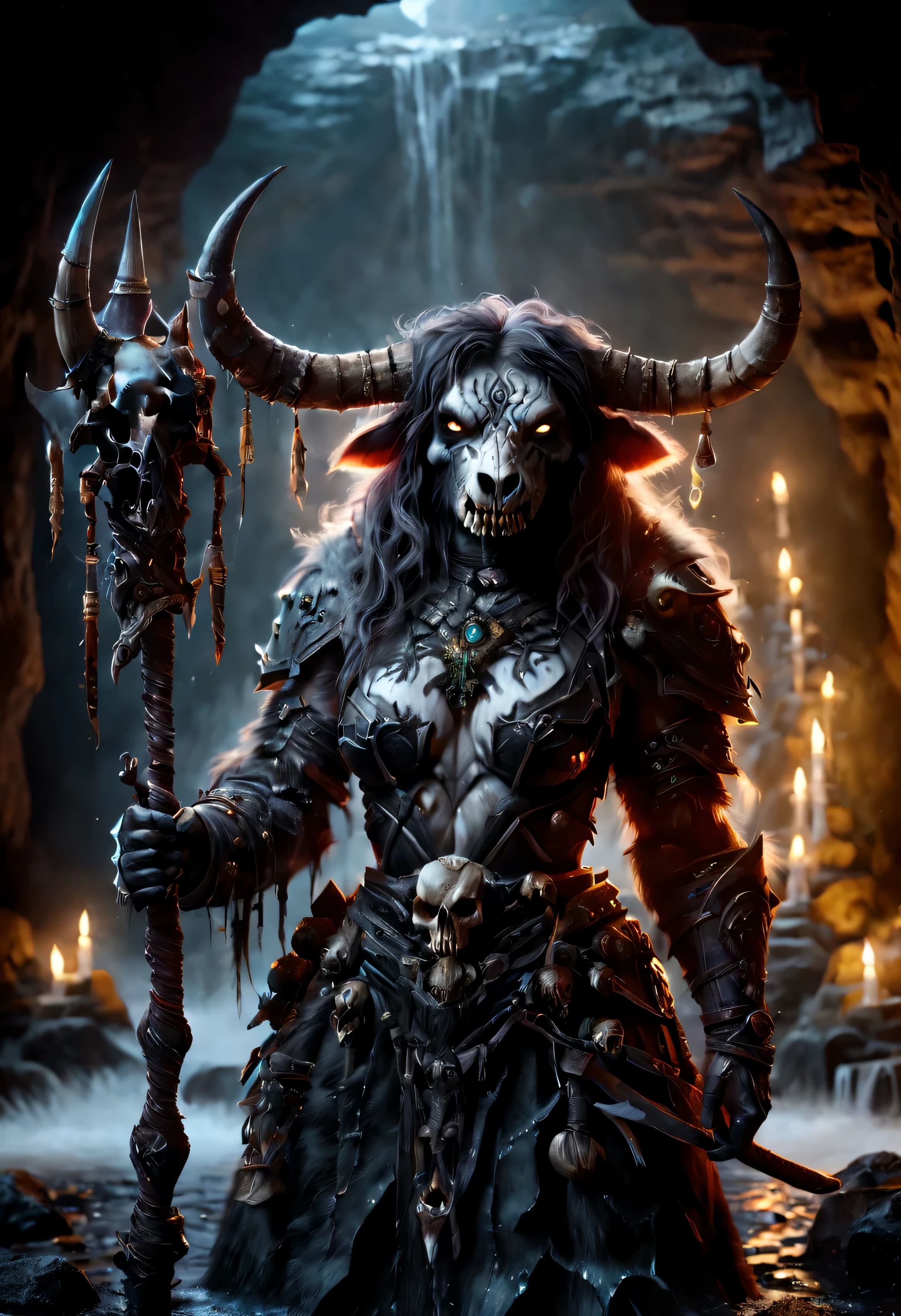 tauren, female tauren death knight, death knight outfit, heavy armor with skulls, heavy armor, dark themed, holding sword in front of her body, war paint on her face, big horns, standing in cave dripping pools of glowing (black) sludge candlelight subsurface scattering background high saturation